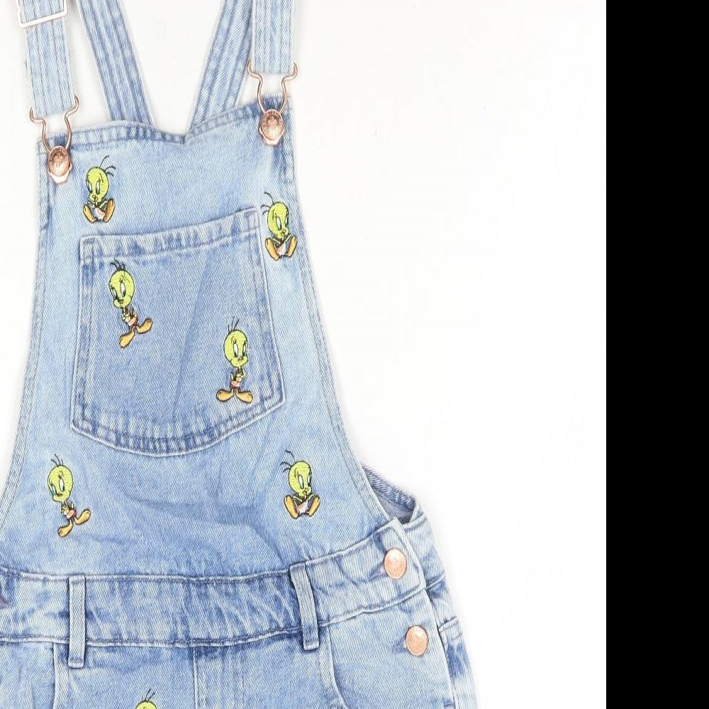 Marks and Spencer Girls Blue Geometric Cotton Dungaree One-Piece Size 10-11 Years Buckle - Tweety