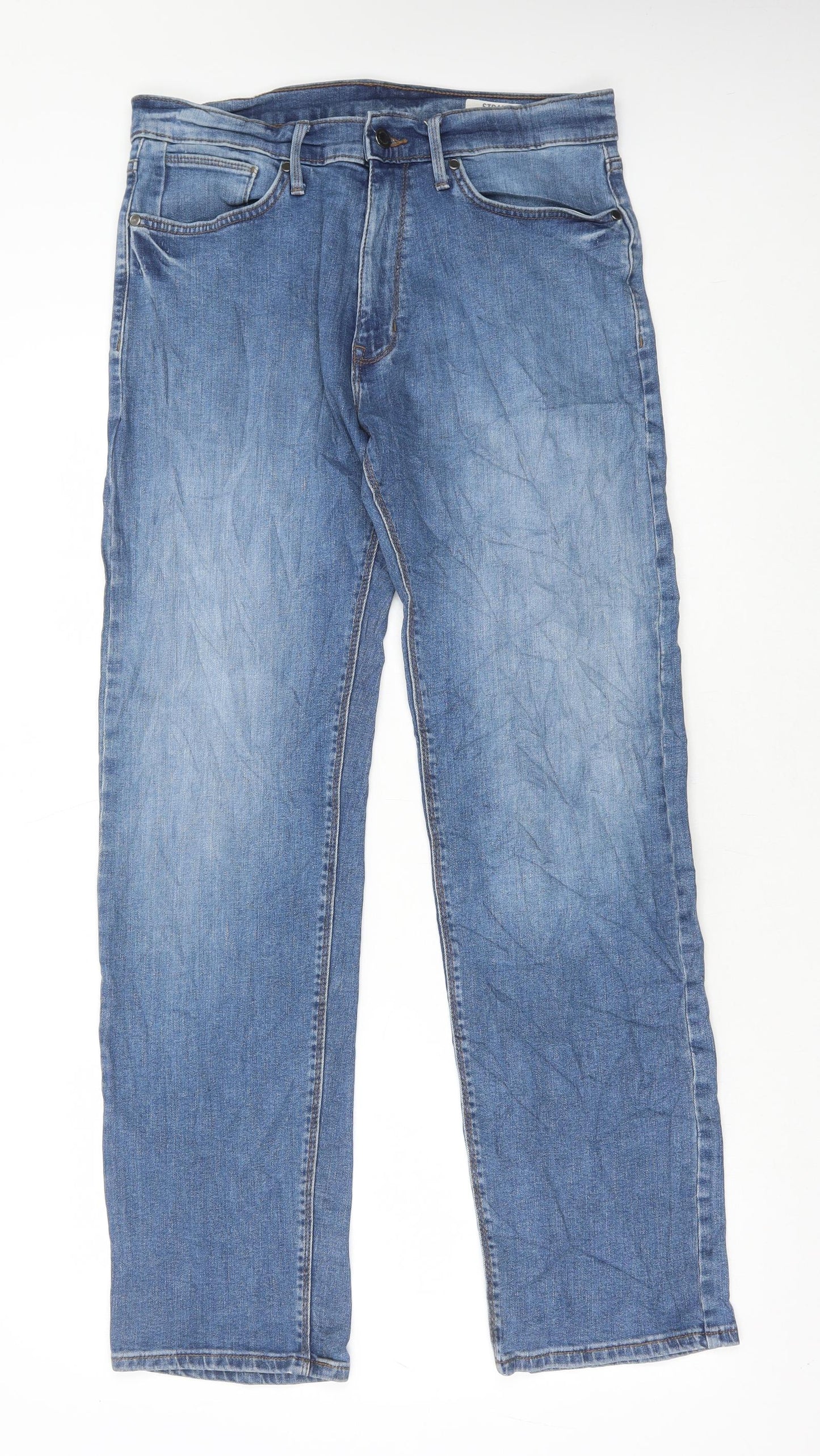 Marks and Spencer Mens Blue Cotton Straight Jeans Size 32 in L31 in Regular Button