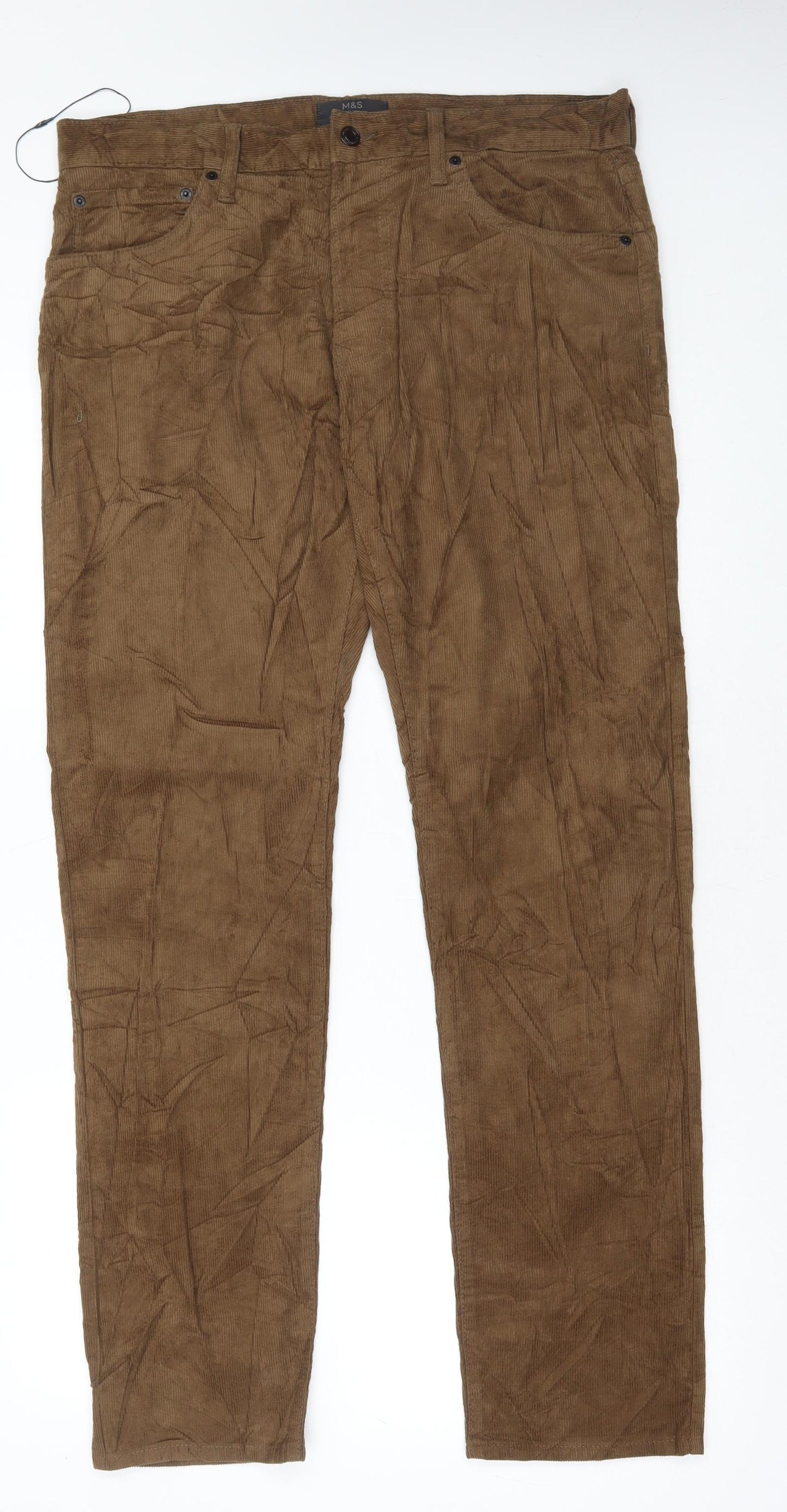 Marks and Spencer Mens Brown Cotton Trousers Size 36 in L33 in Regular Button