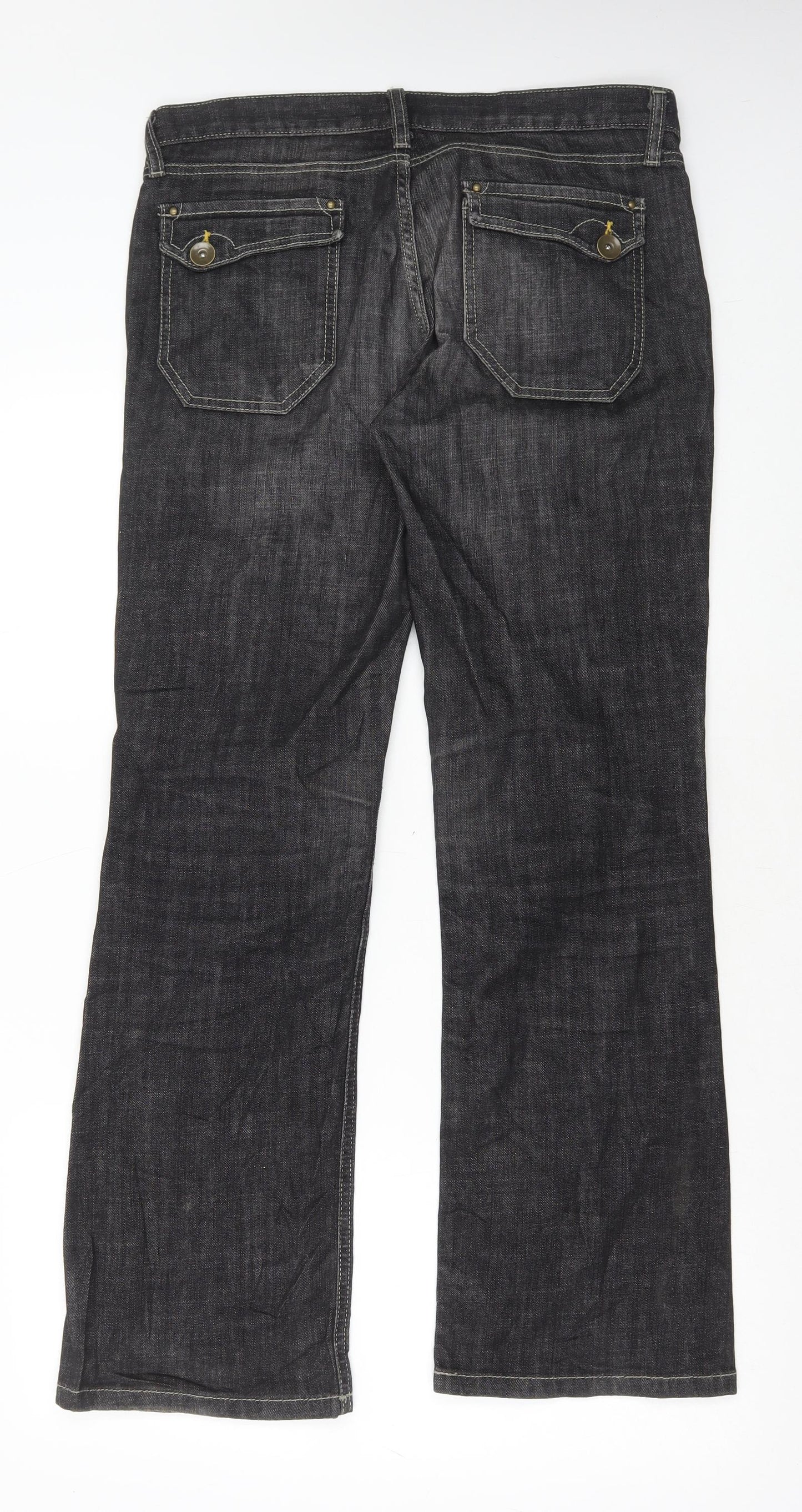 Marks and Spencer Womens Black Cotton Wide-Leg Jeans Size 14 L29 in Regular Button