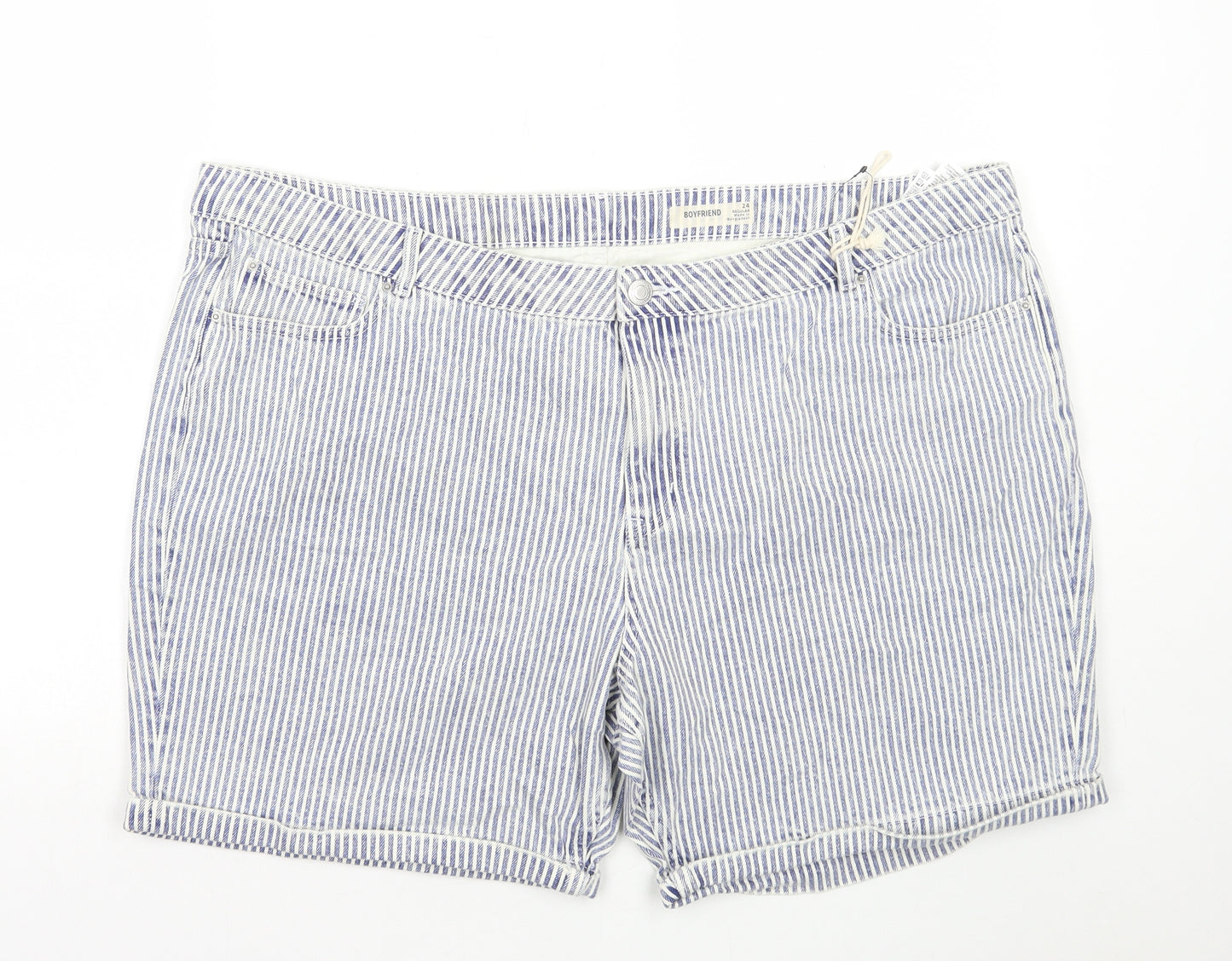Marks and Spencer Womens Blue Striped Cotton Boyfriend Shorts Size 24 L7 in Regular Button