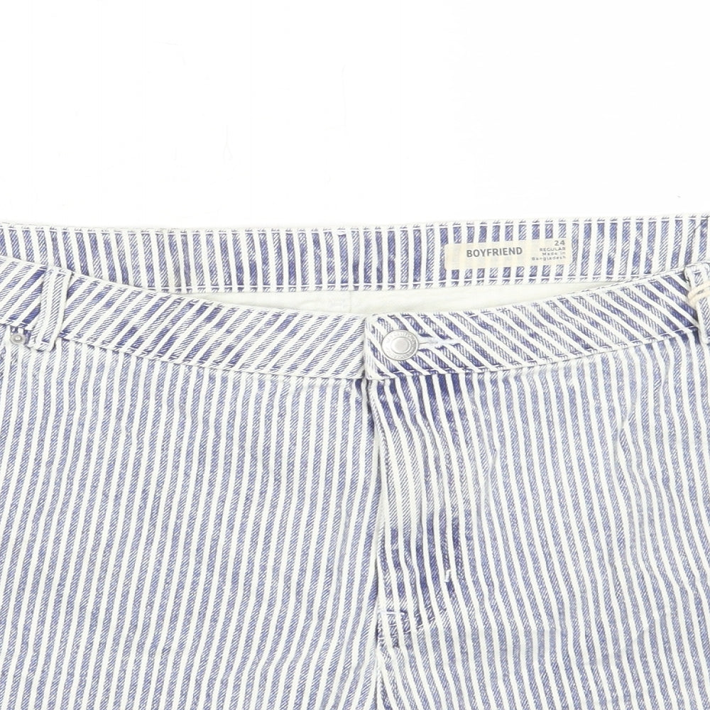 Marks and Spencer Womens Blue Striped Cotton Boyfriend Shorts Size 24 L7 in Regular Button