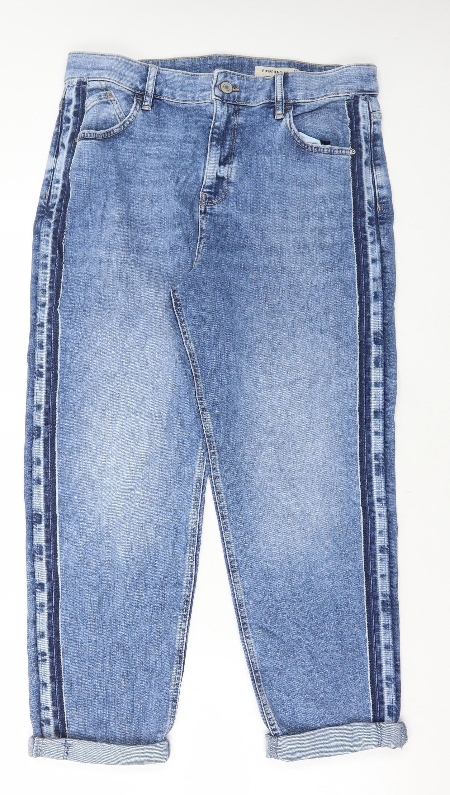 Marks and Spencer Womens Blue Cotton Boyfriend Jeans Size 14 L26 in Regular Button
