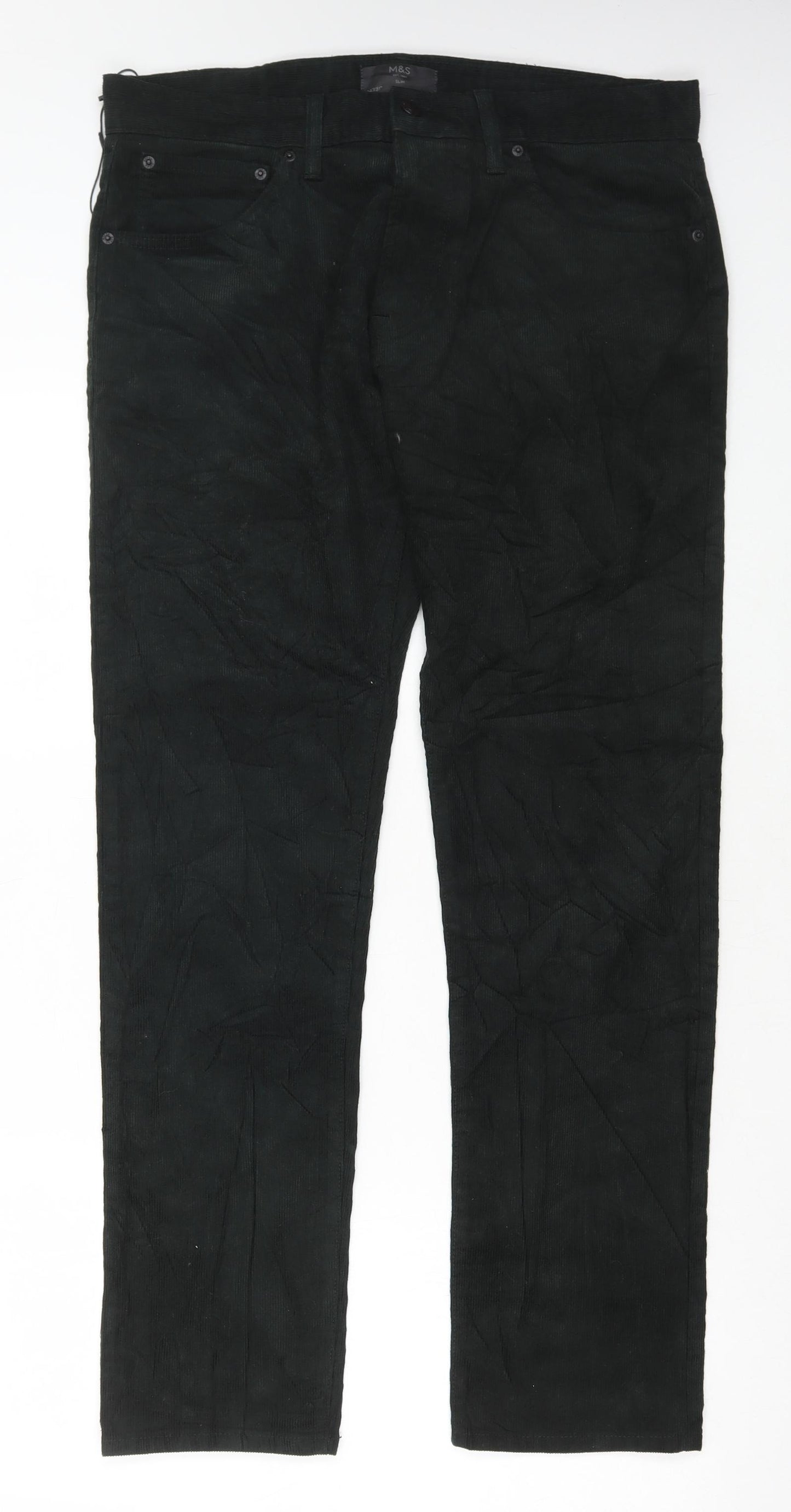 Marks and Spencer Mens Green Cotton Trousers Size 34 in L31 in Regular Button