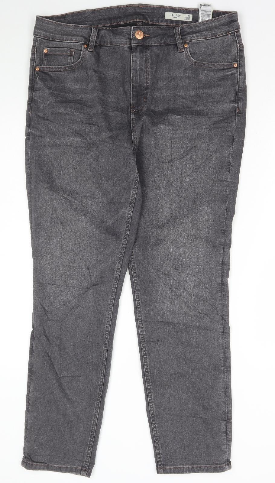 Marks and Spencer Womens Grey Cotton Straight Jeans Size 16 L29 in Regular Button