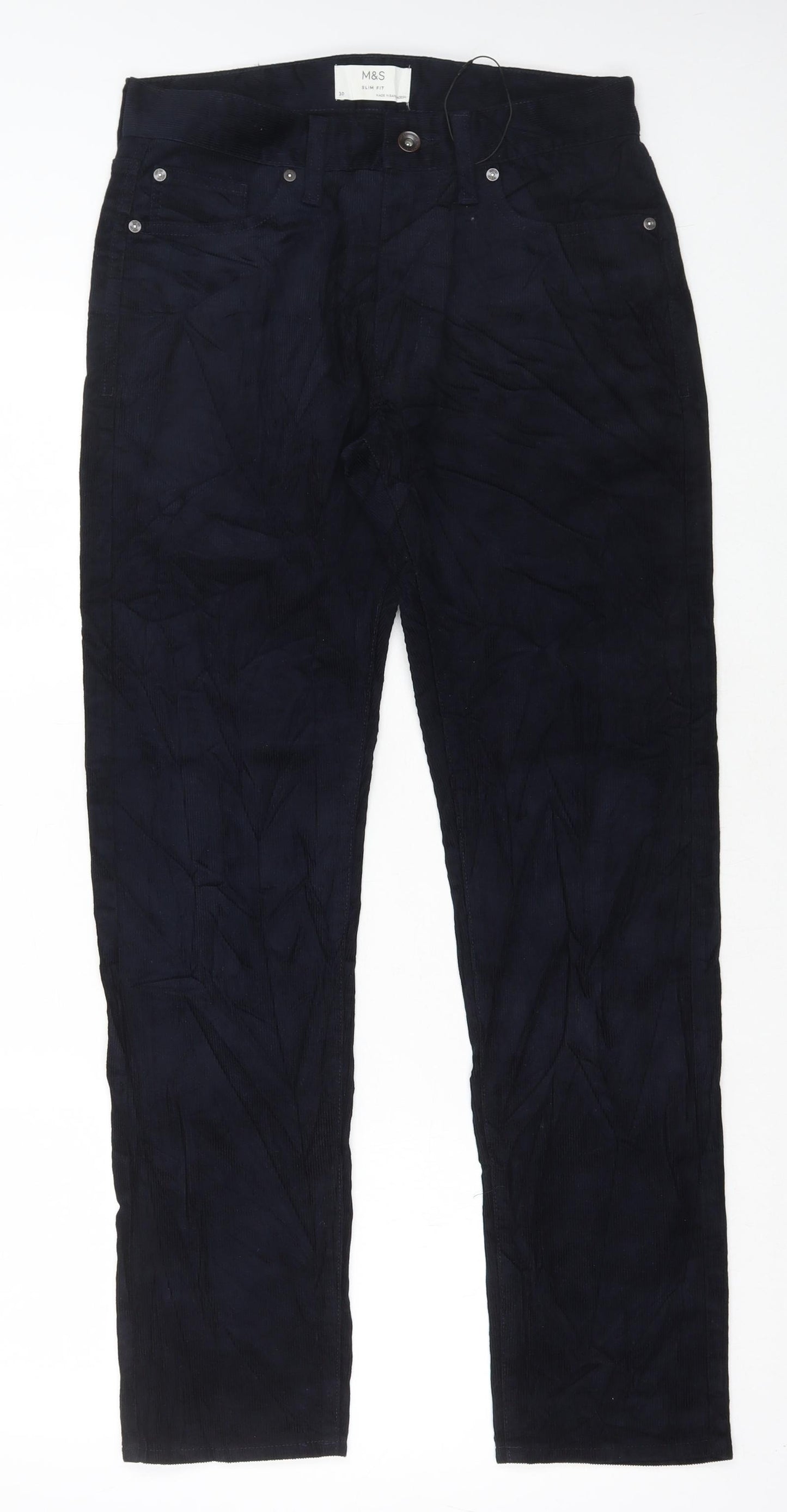 Marks and Spencer Mens Black Cotton Trousers Size 30 in L30 in Regular Button