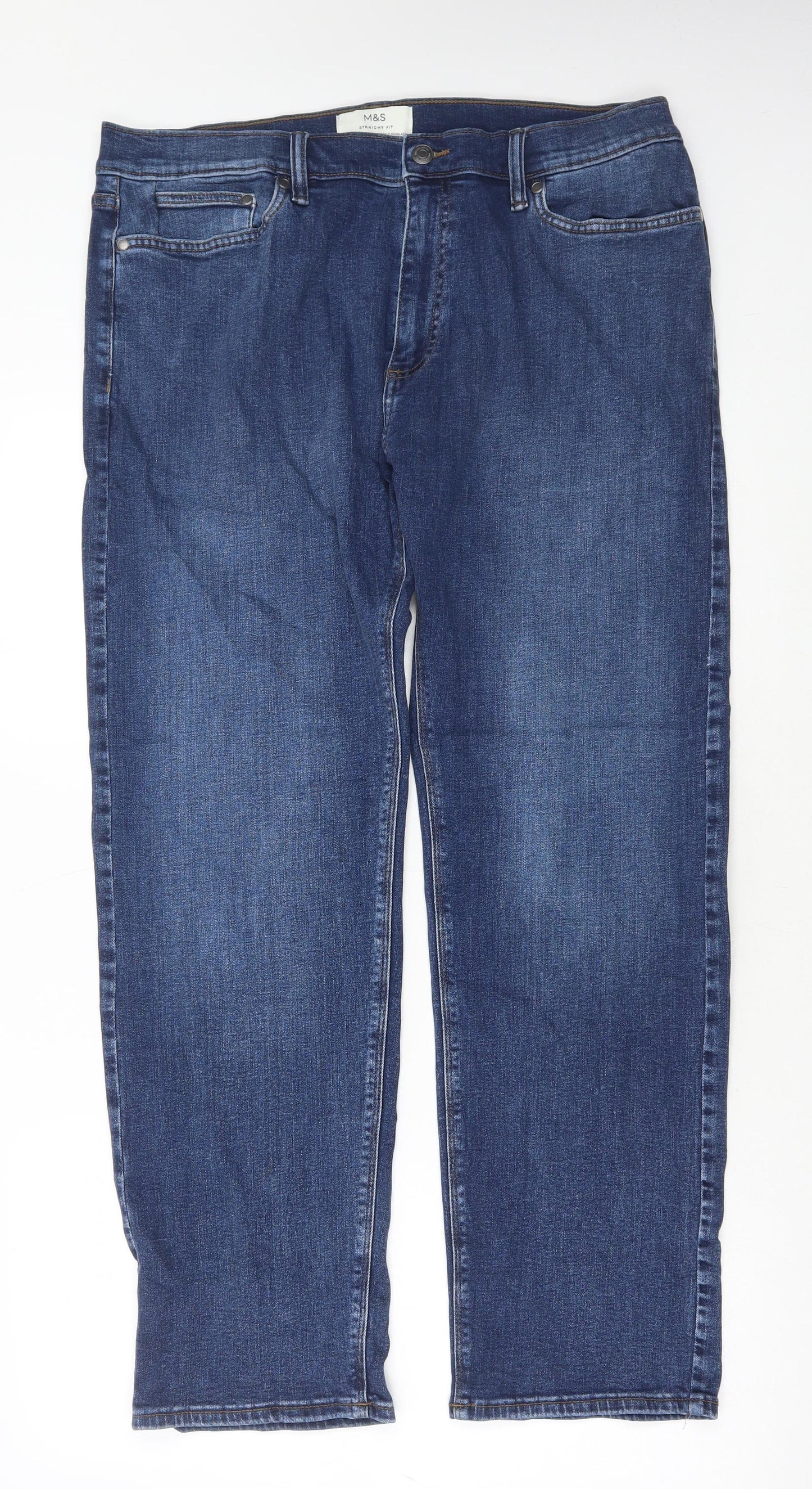 Marks and Spencer Mens Blue Cotton Straight Jeans Size 36 in L31 in Regular Button