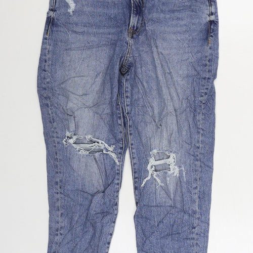 New Look Womens Blue Cotton Mom Jeans Size 12 L23 in Regular Zip - Distressed