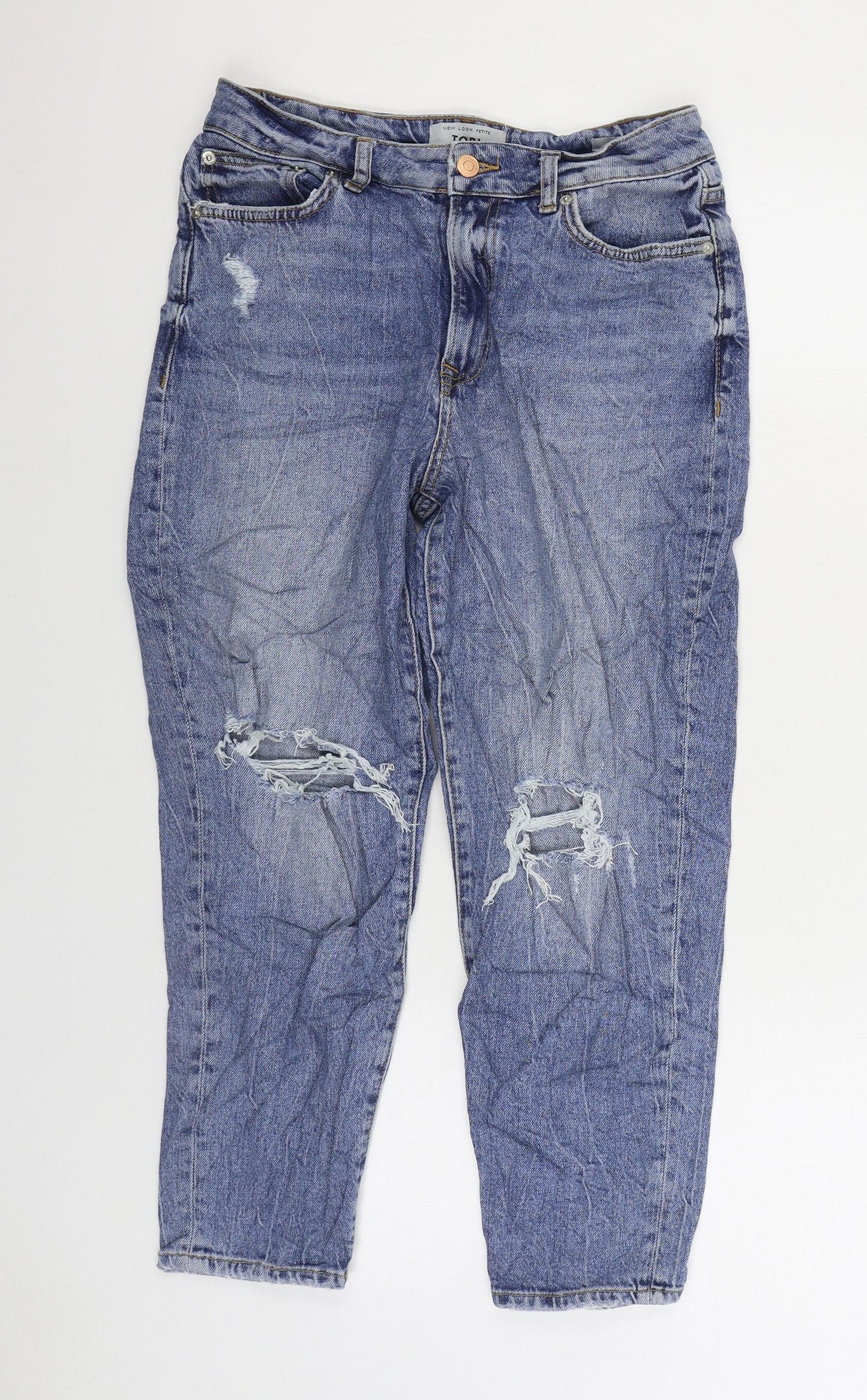 New Look Womens Blue Cotton Mom Jeans Size 12 L23 in Regular Zip - Distressed
