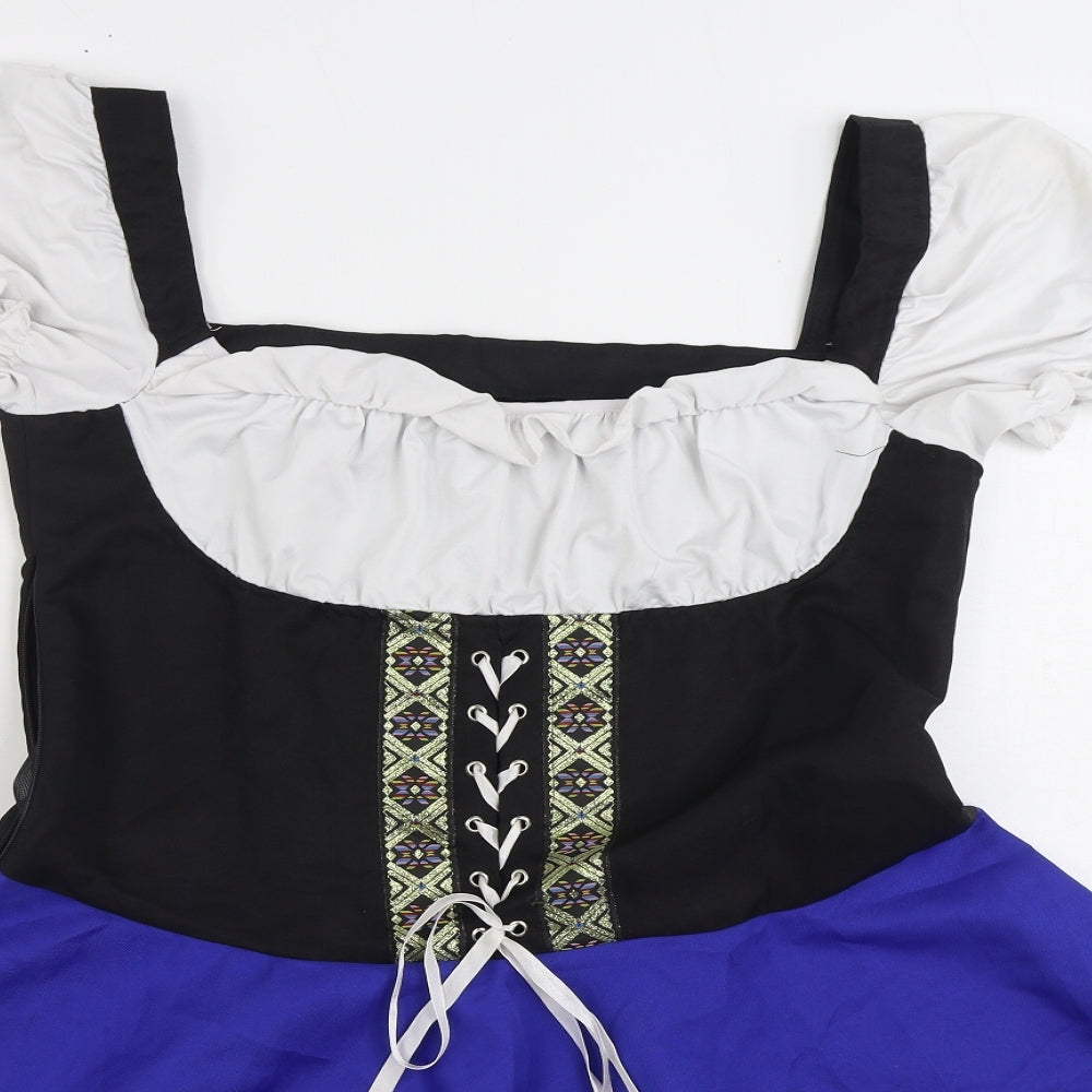Preworn Womens Blue Polyester Skater Dress Size L Square Neck Zip - Dirndl Oktoberfest Beer Maid