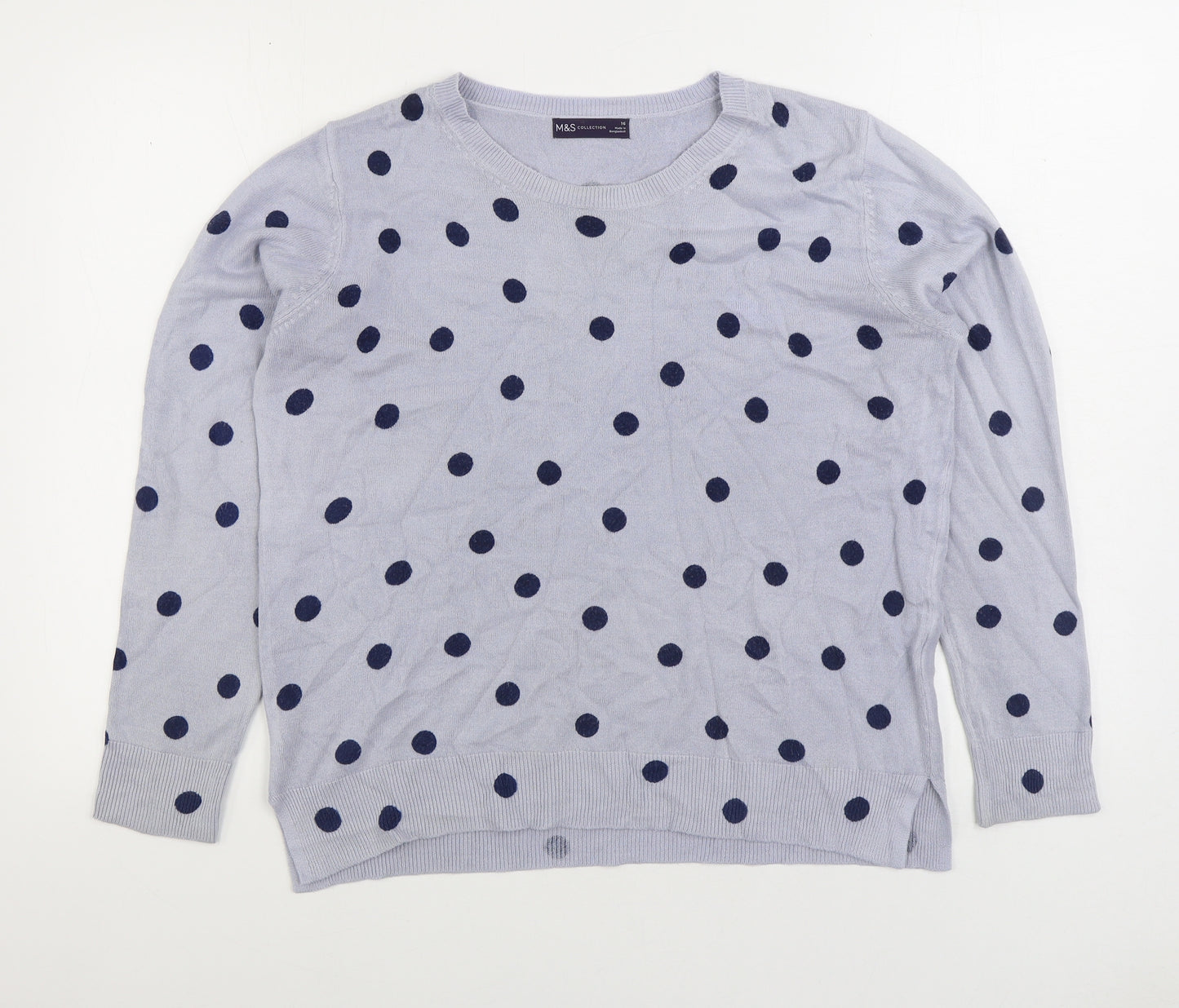 Marks and Spencer Womens Blue Round Neck Polka Dot Acrylic Pullover Jumper Size 16