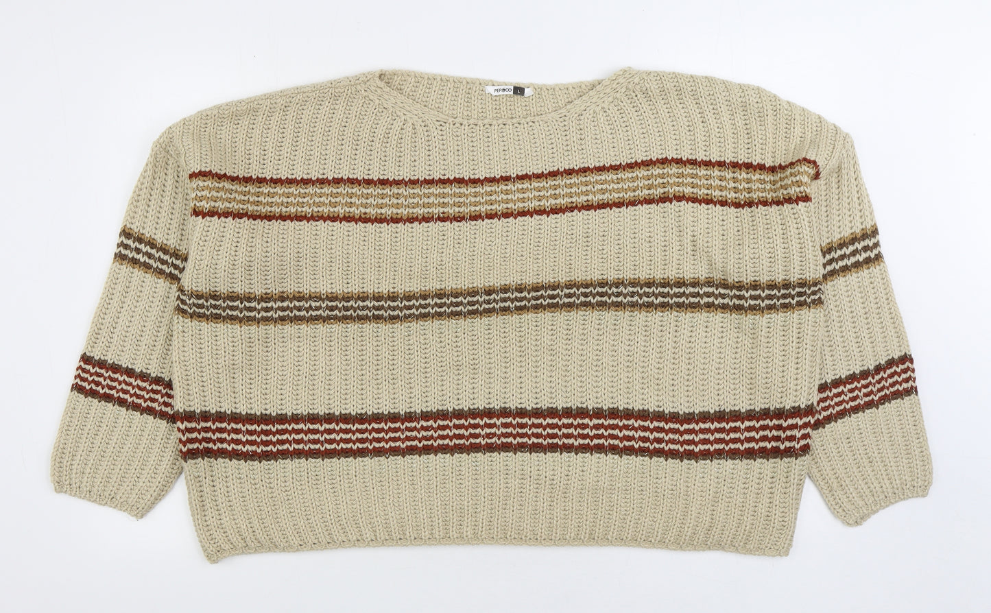 PEP&CO Womens Beige Boat Neck Striped Acrylic Pullover Jumper Size L