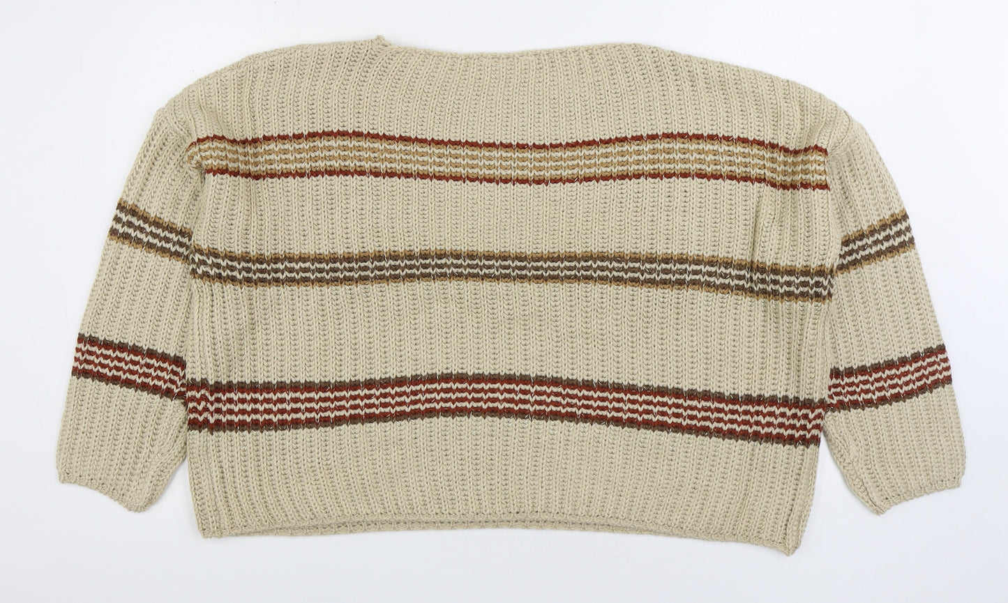 PEP&CO Womens Beige Boat Neck Striped Acrylic Pullover Jumper Size L