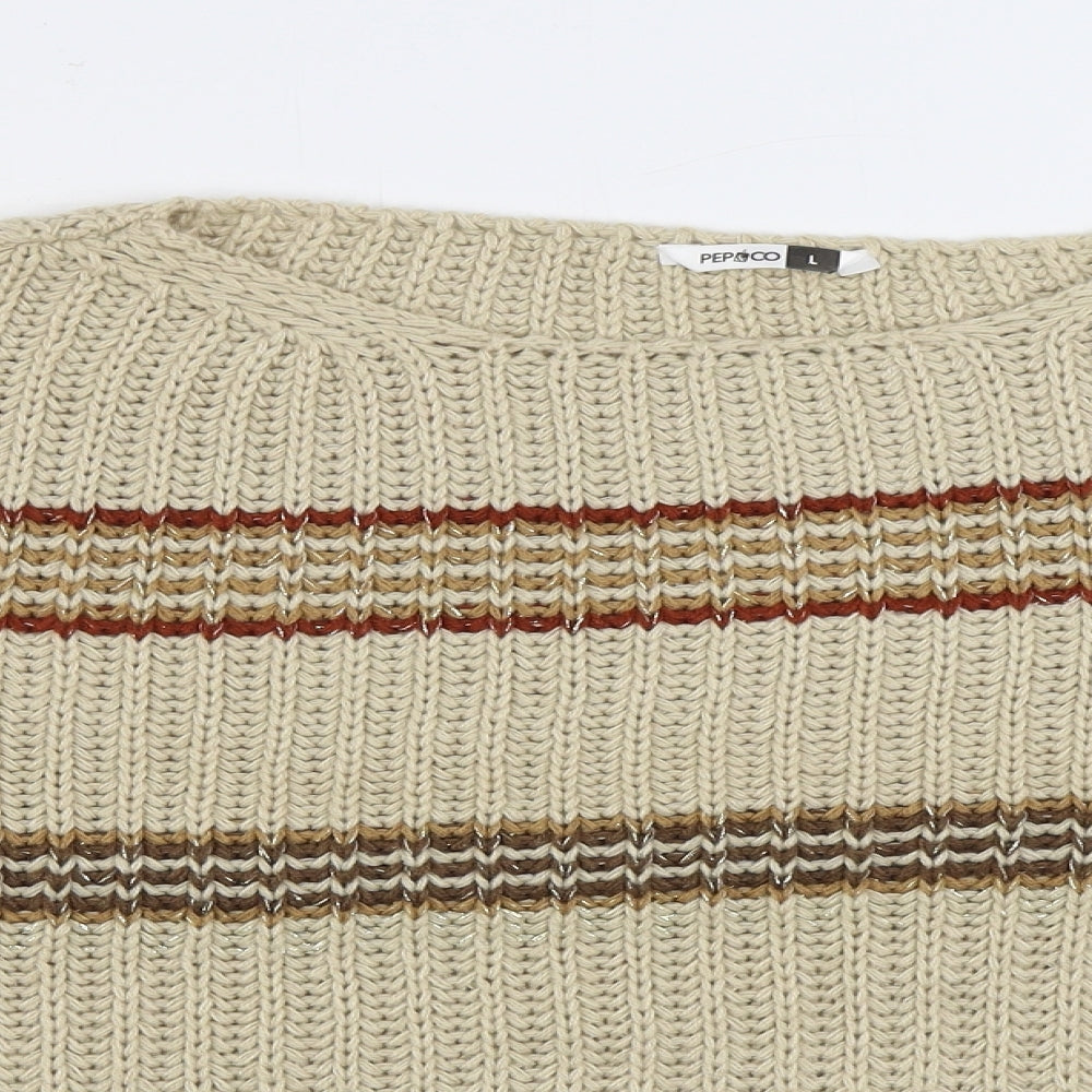 PEP&CO Womens Beige Boat Neck Striped Acrylic Pullover Jumper Size L