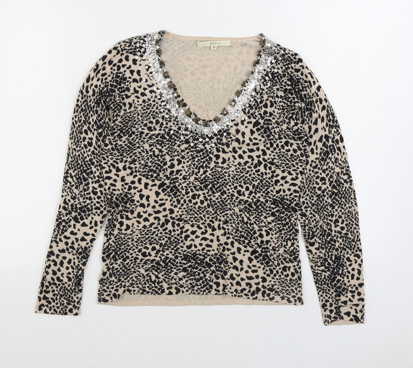 JEFF&CO Womens Brown V-Neck Animal Print Acrylic Pullover Jumper Size 10 - Leopard Print