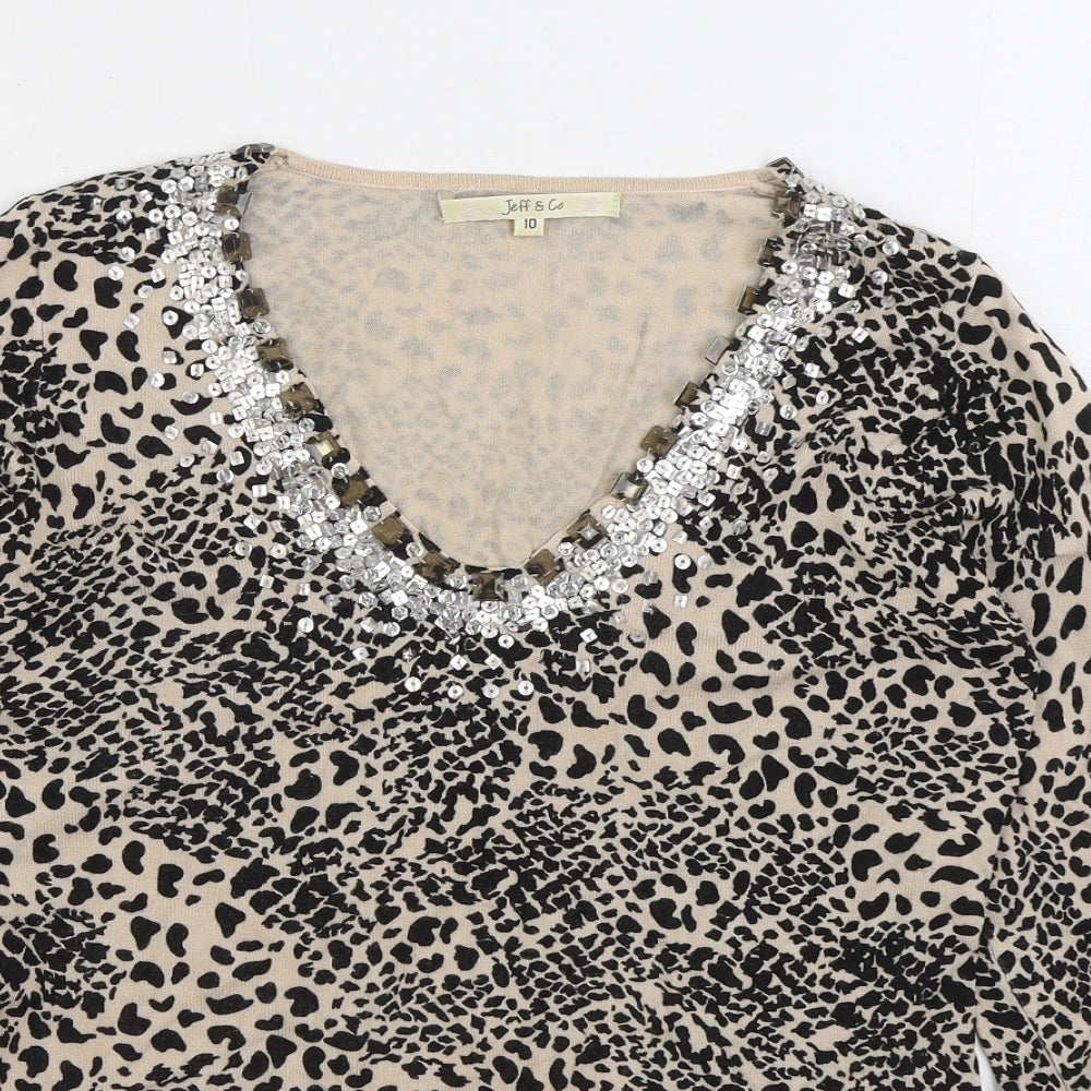 JEFF&CO Womens Brown V-Neck Animal Print Acrylic Pullover Jumper Size 10 - Leopard Print