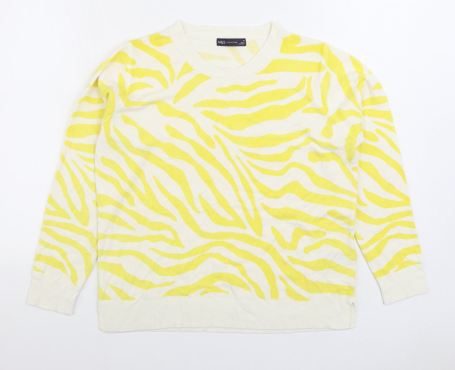 Marks and Spencer Womens Yellow Round Neck Animal Print Acrylic Pullover Jumper Size 16 - Zebra Print