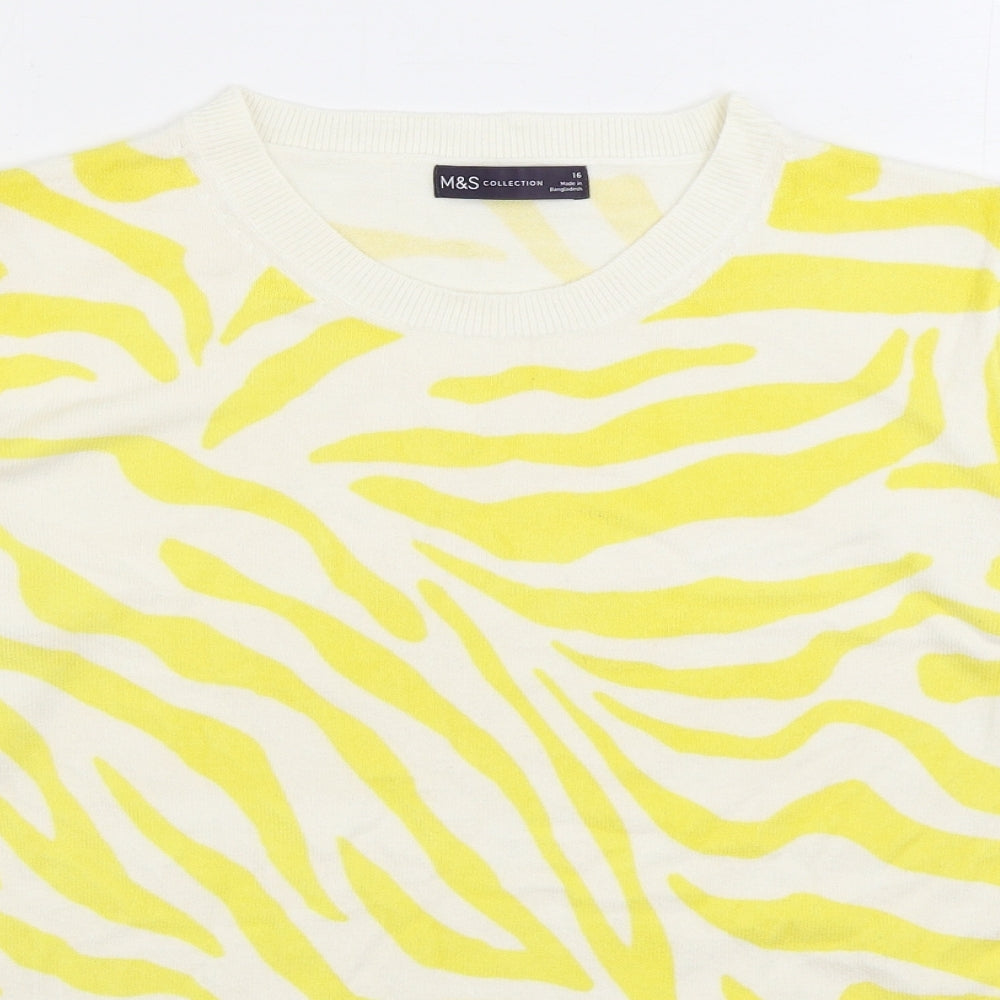 Marks and Spencer Womens Yellow Round Neck Animal Print Acrylic Pullover Jumper Size 16 - Zebra Print