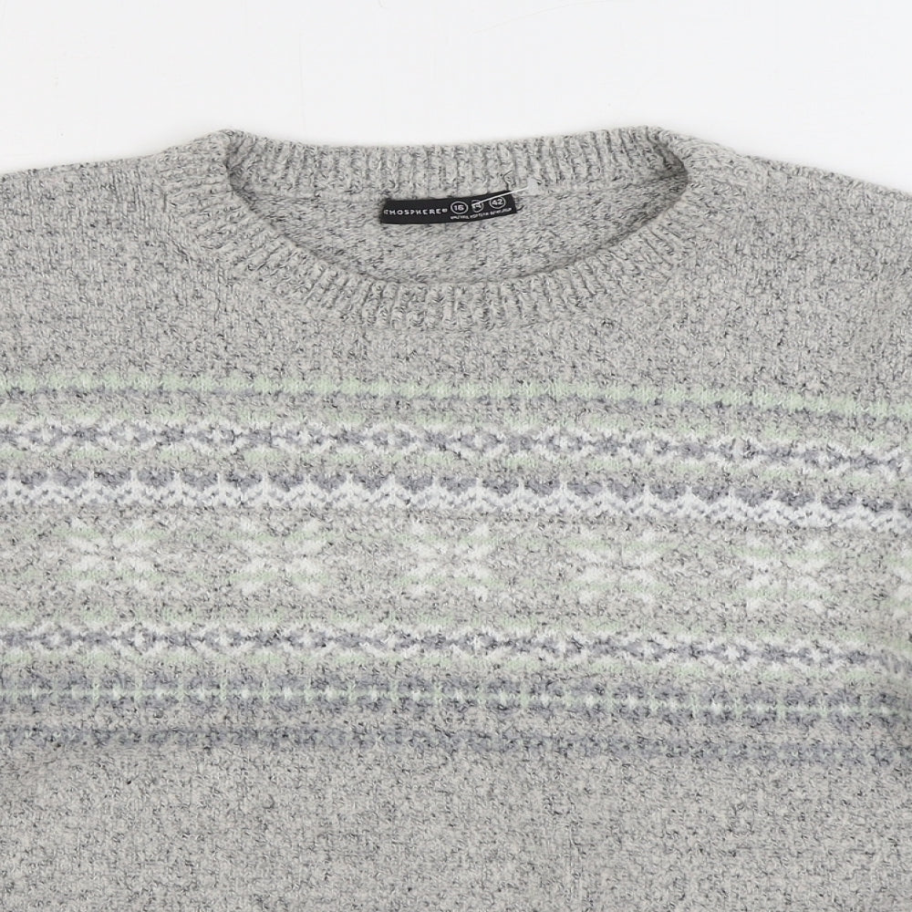 Atmosphere Womens Grey Round Neck Fair Isle Acrylic Pullover Jumper Size 16