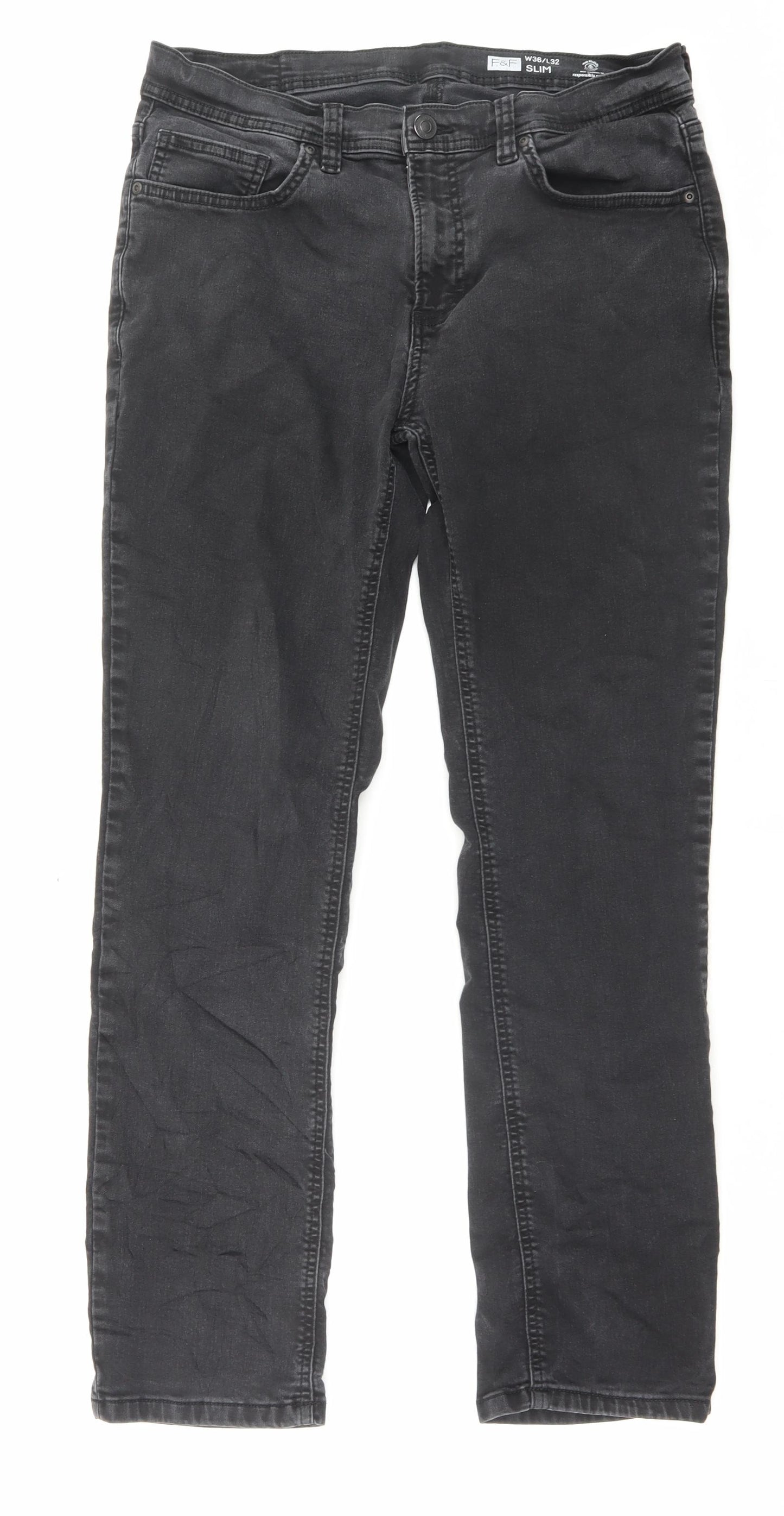 F&F Mens Black Cotton Straight Jeans Size 36 in L32 in Slim Button