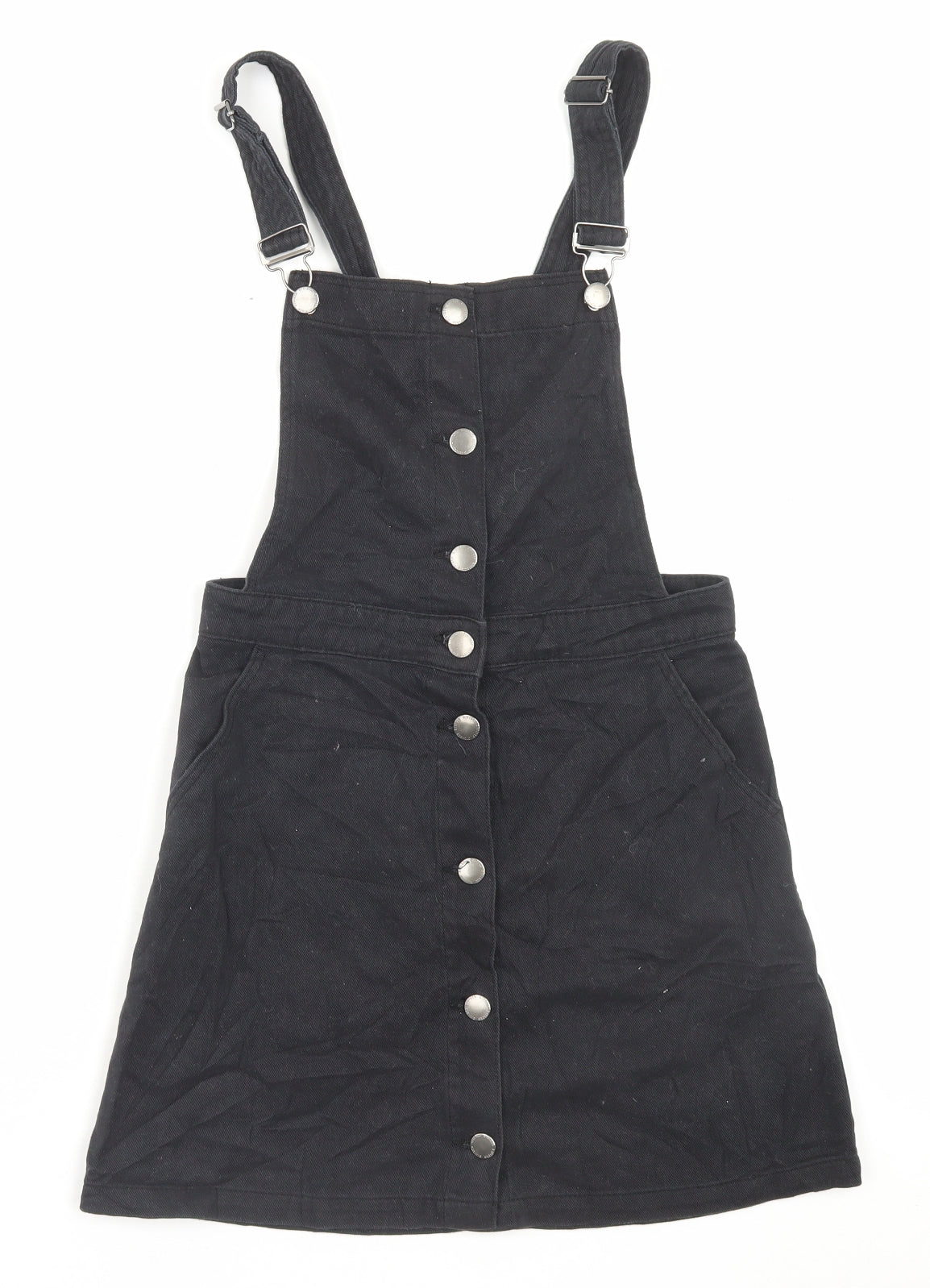 H&M Womens Black Cotton Pinafore/Dungaree Dress Size 8 Square Neck Button