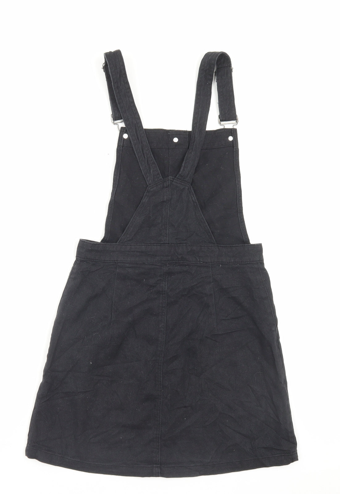 H&M Womens Black Cotton Pinafore/Dungaree Dress Size 8 Square Neck Button