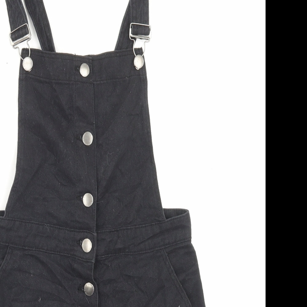 H&M Womens Black Cotton Pinafore/Dungaree Dress Size 8 Square Neck Button