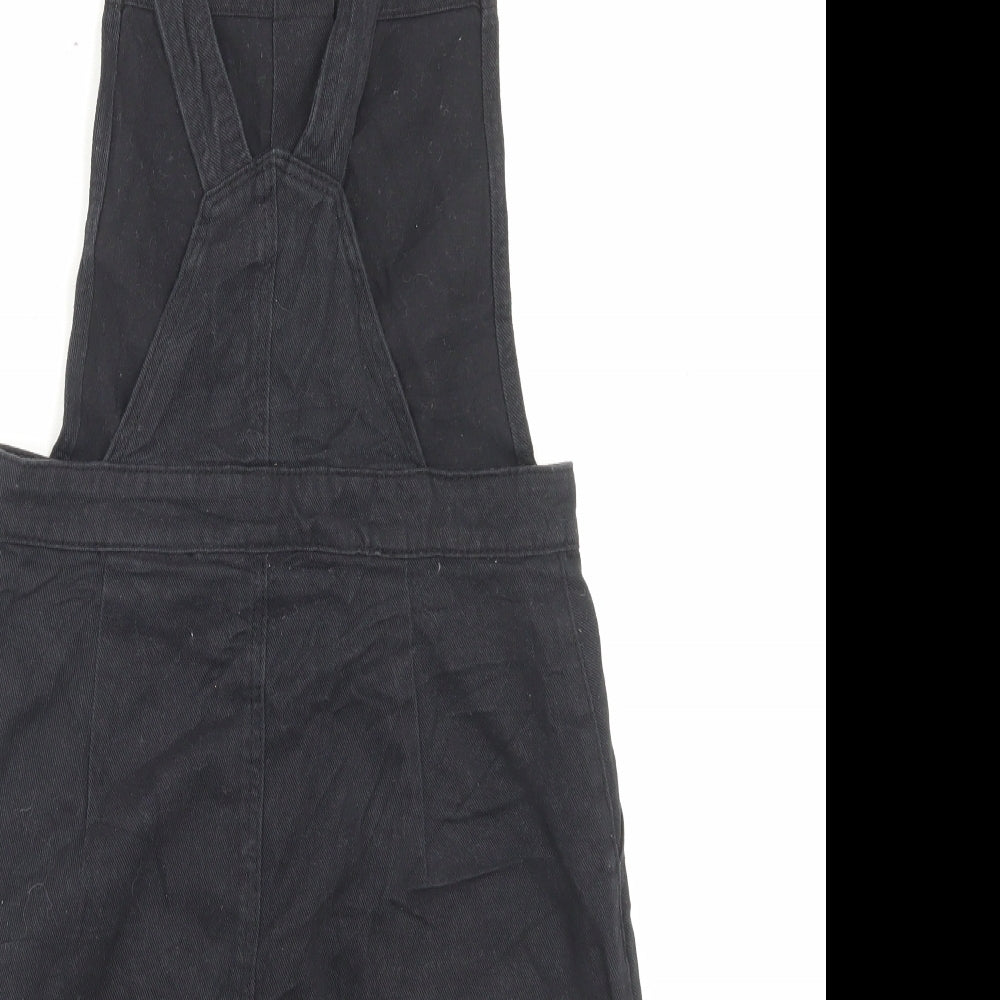 H&M Womens Black Cotton Pinafore/Dungaree Dress Size 8 Square Neck Button