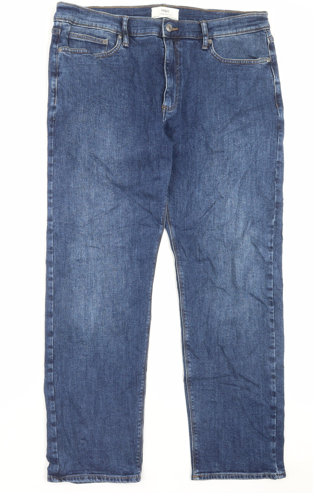 Marks and Spencer Mens Blue Cotton Straight Jeans Size 36 in L31 in Regular Button