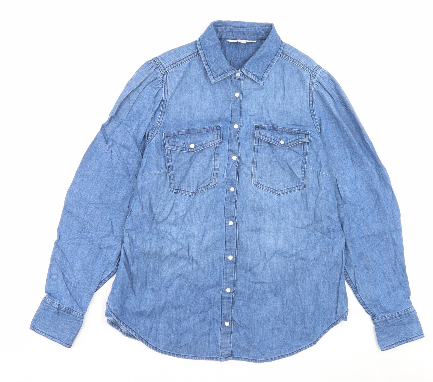 Per Una Womens Blue Cotton Basic Button-Up Size 12 Collared