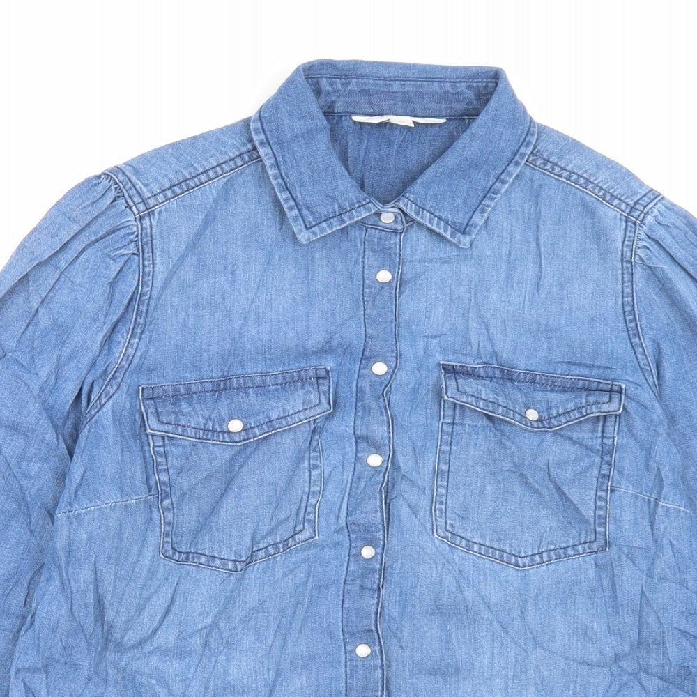 Per Una Womens Blue Cotton Basic Button-Up Size 12 Collared