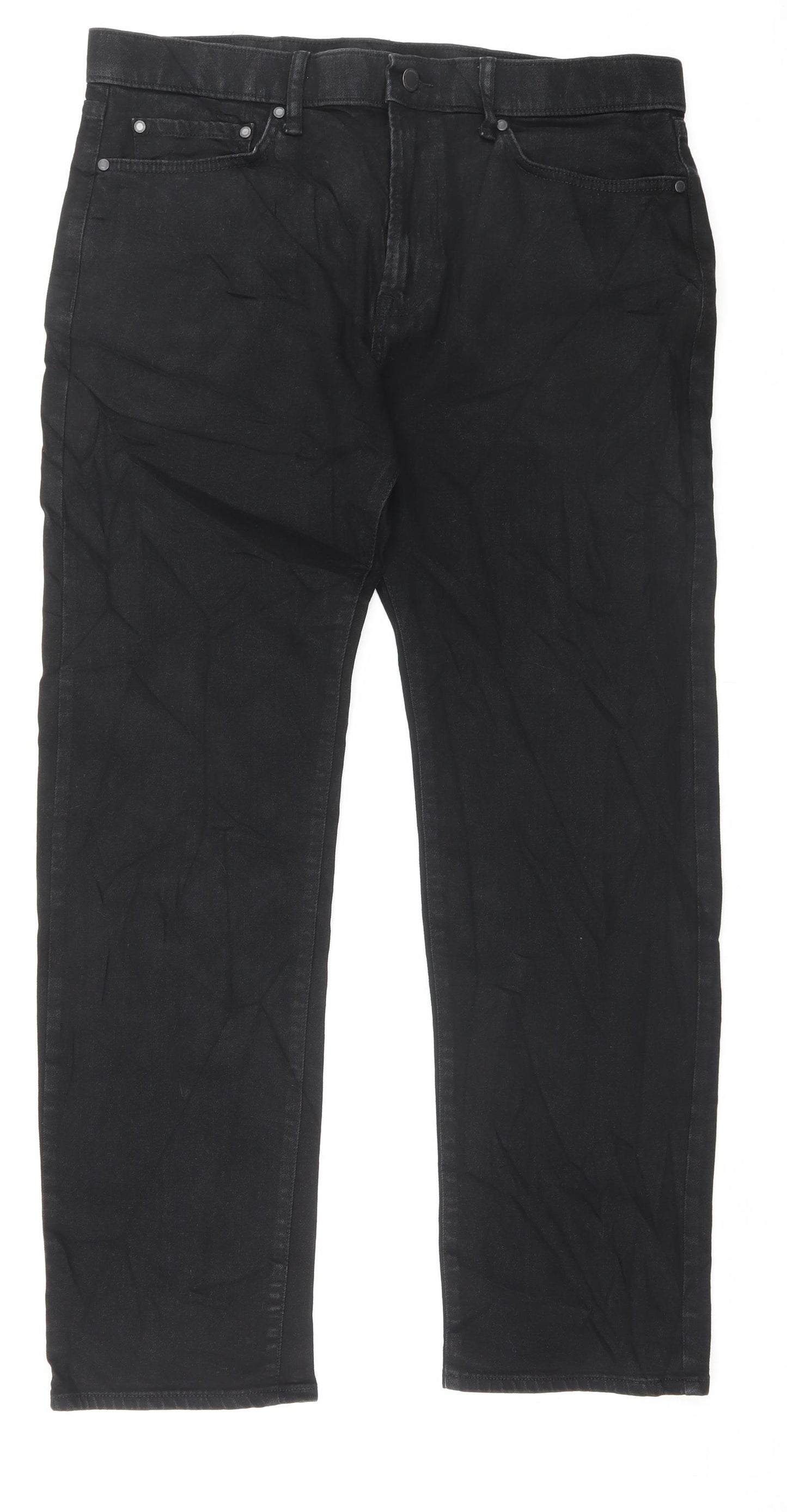 Marks and Spencer Mens Black Cotton Straight Jeans Size 36 in L31 in Regular Button