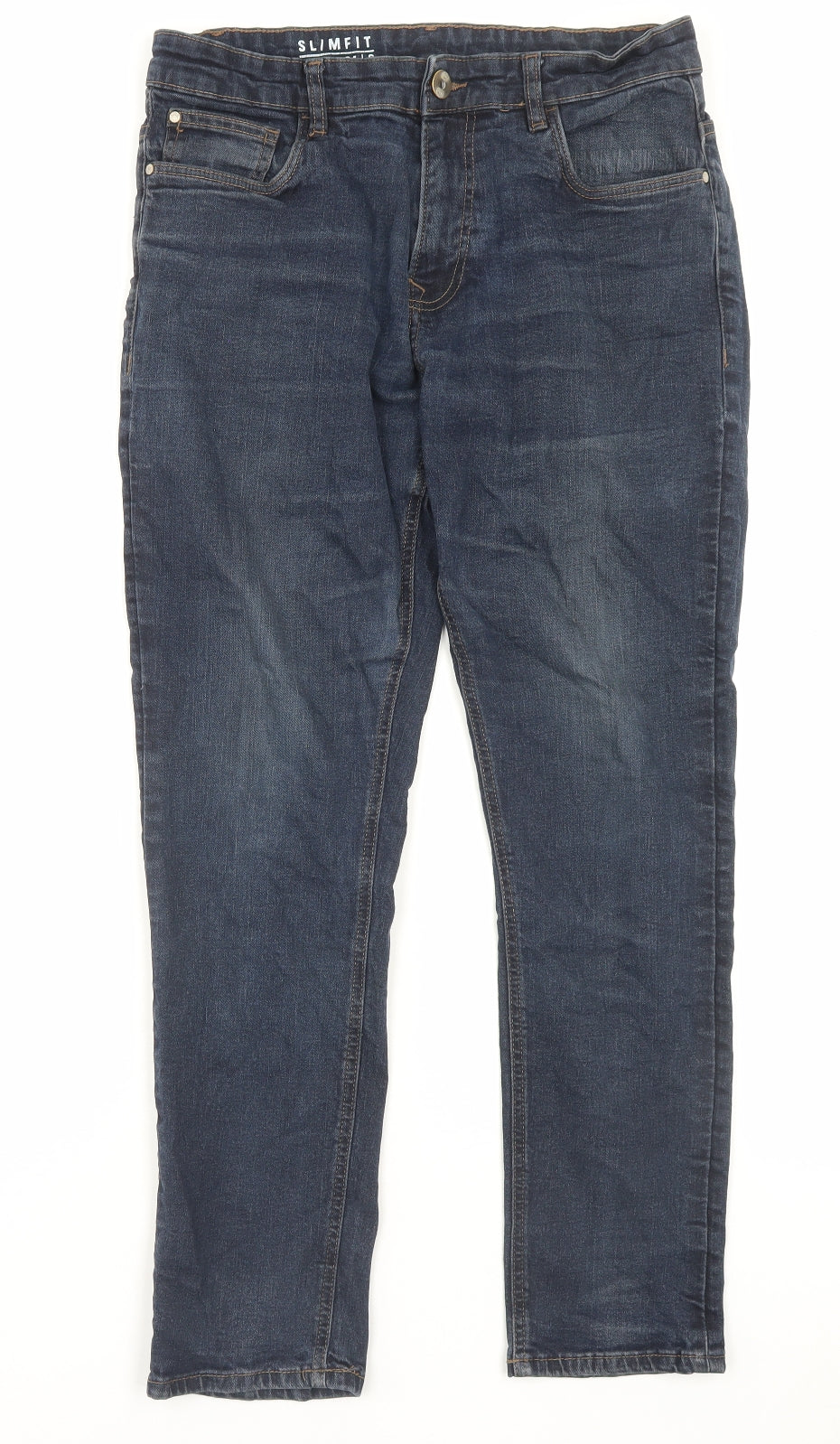 George Mens Blue Cotton Straight Jeans Size 34 in L30 in Slim Button - Short Leg