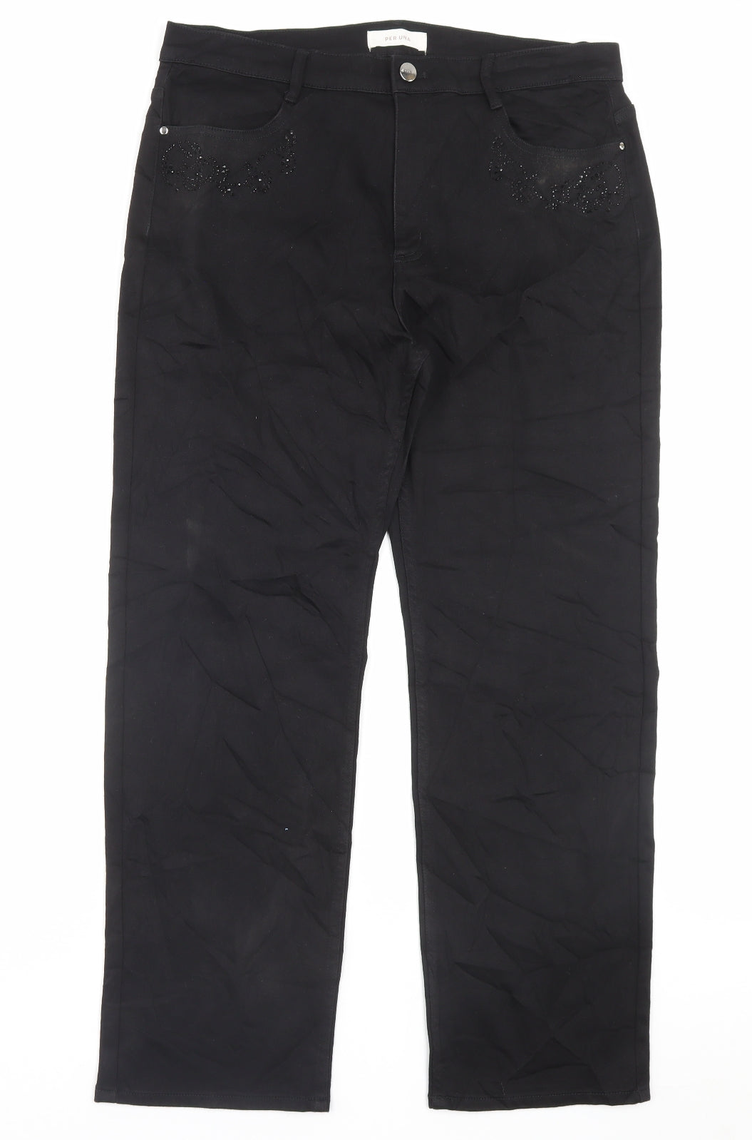 Per Una Womens Black Cotton Straight Jeans Size 16 L28 in Regular Button