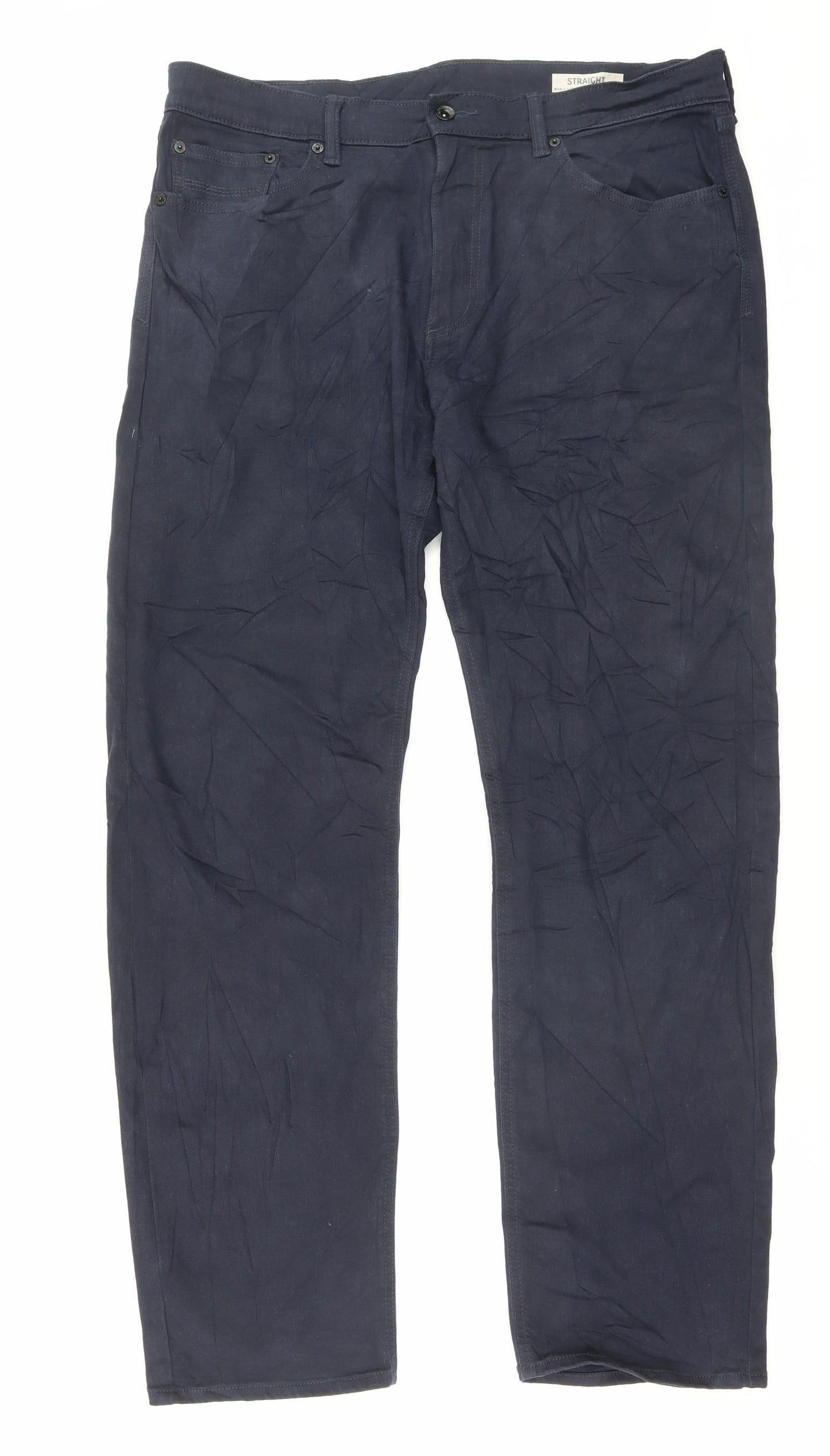 Marks and Spencer Mens Blue Cotton Trousers Size 36 in L31 in Regular Button