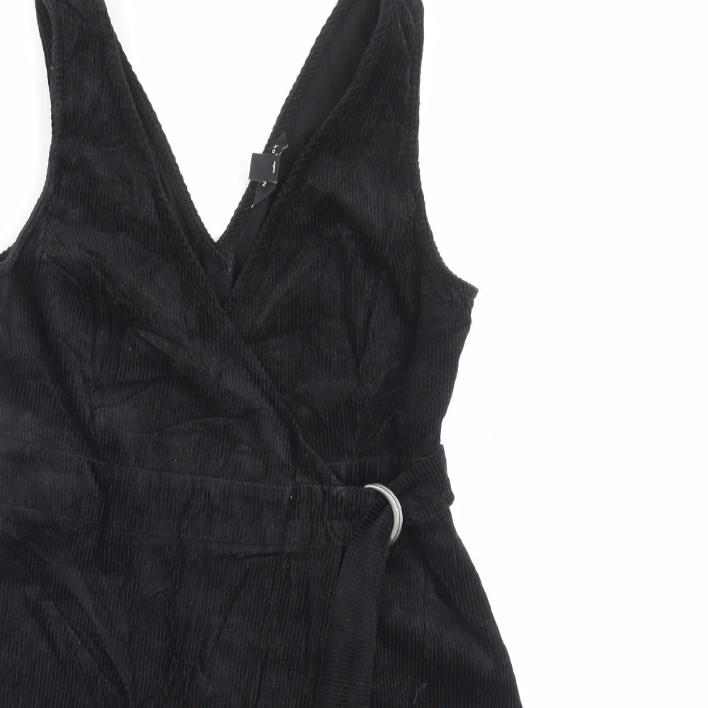New Look Womens Black Cotton Pinafore/Dungaree Dress Size 10 V-Neck Button