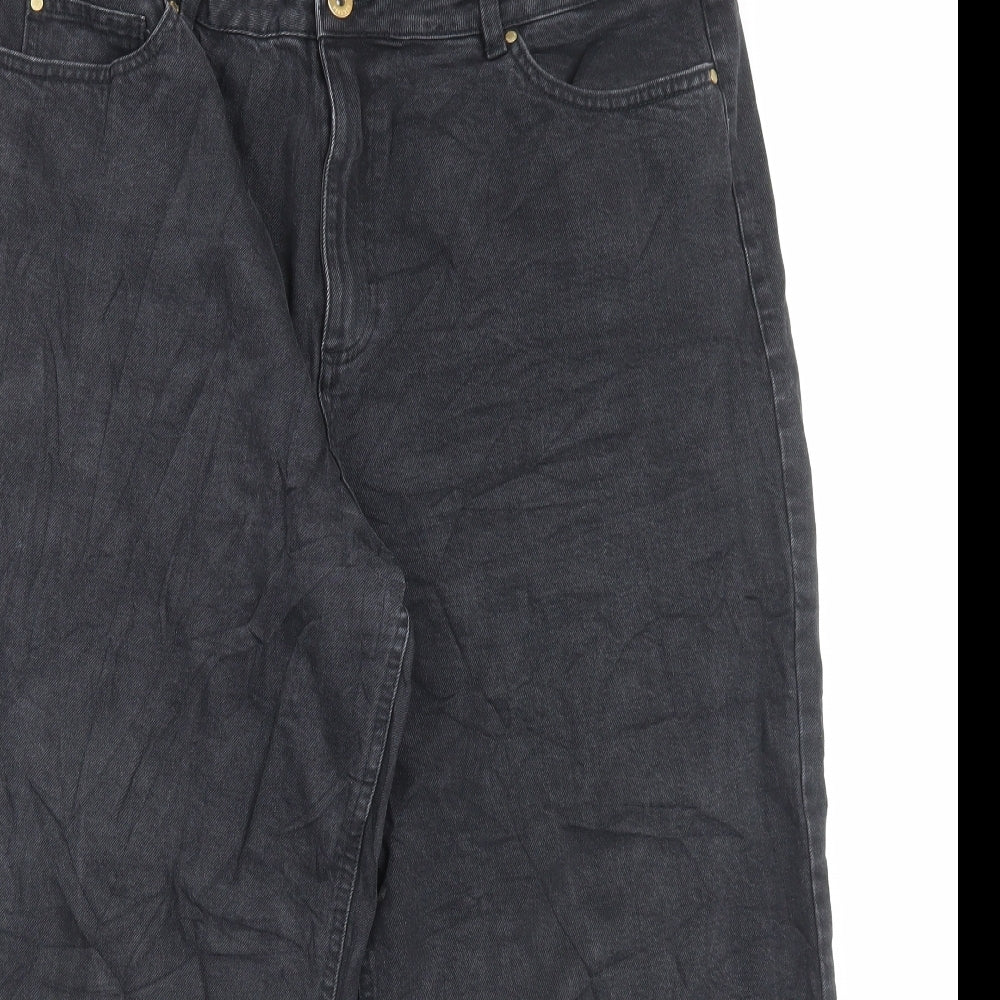 Marks and Spencer Womens Black Cotton Wide-Leg Jeans Size 20 L26 in Regular Button - Cropped
