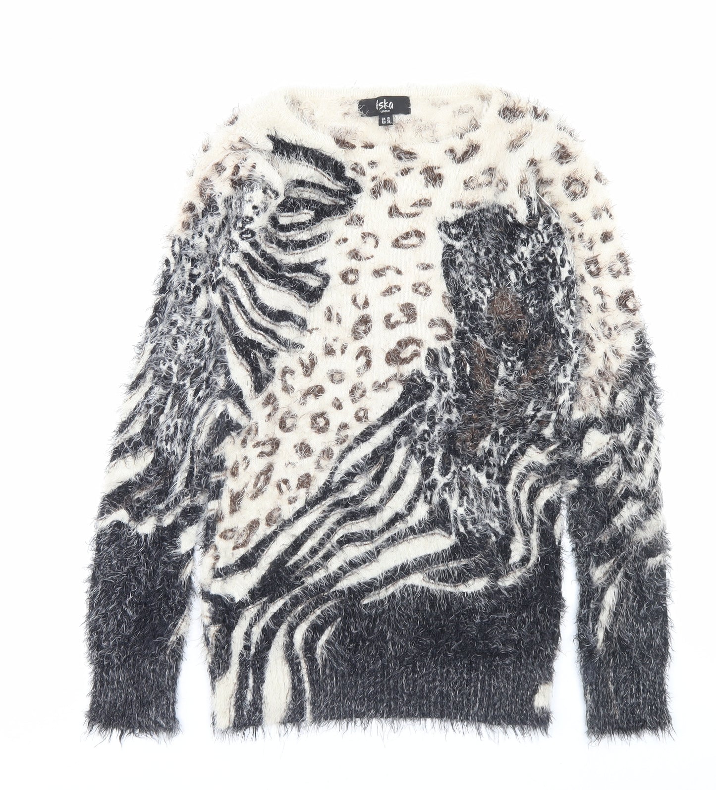 Iska London Womens Brown Crew Neck Animal Print Polyamide Pullover Jumper Size 10