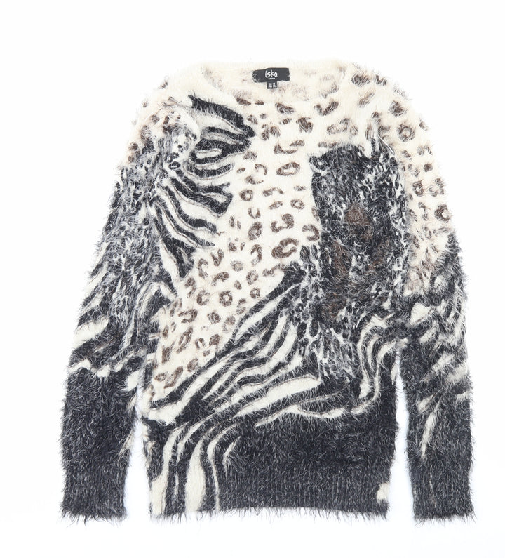 Iska London Womens Brown Crew Neck Animal Print Polyamide Pullover Jumper Size 10