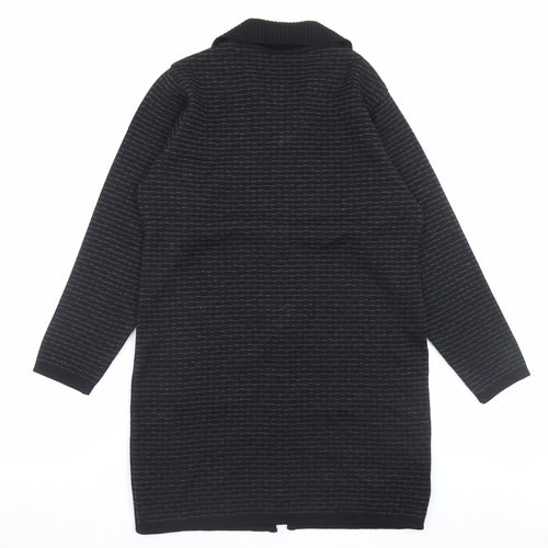 Preworn Womens Black Collared Striped Wool Cardigan Jumper Size M