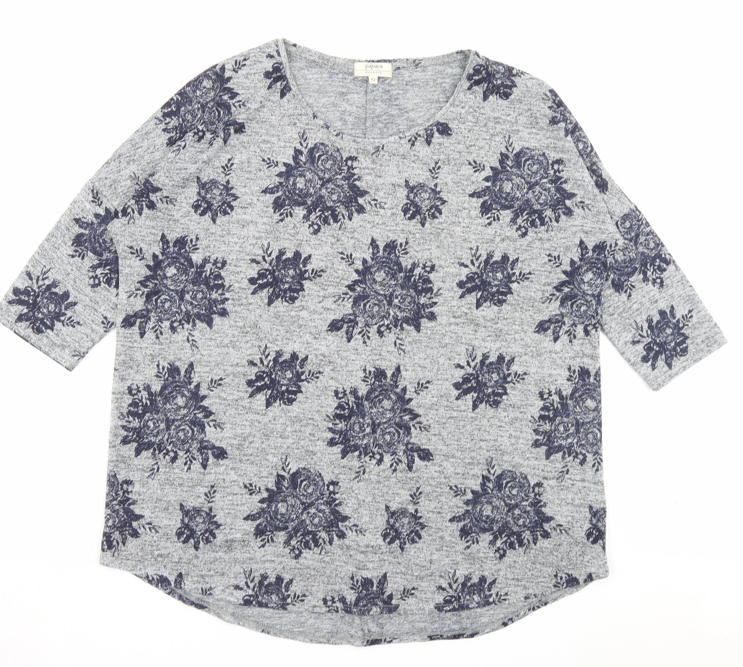 Papaya Womens Grey Floral Polyester Basic T-Shirt Size 12 Crew Neck