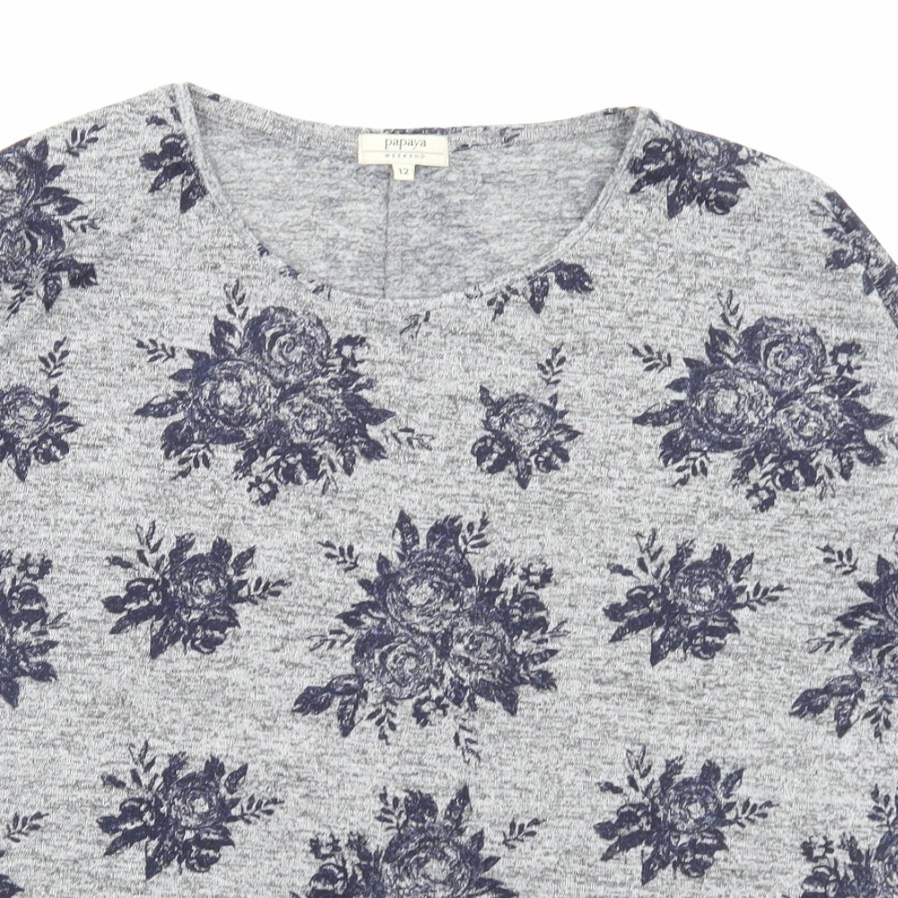 Papaya Womens Grey Floral Polyester Basic T-Shirt Size 12 Crew Neck
