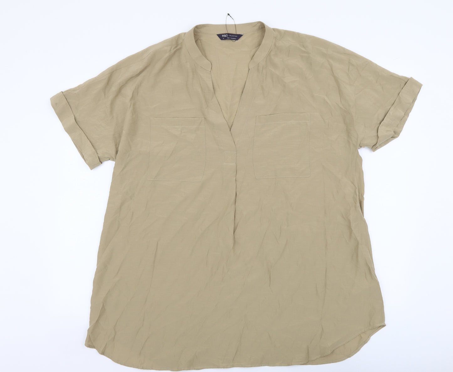 Marks and Spencer Womens Beige Viscose Basic Blouse Size 16 V-Neck