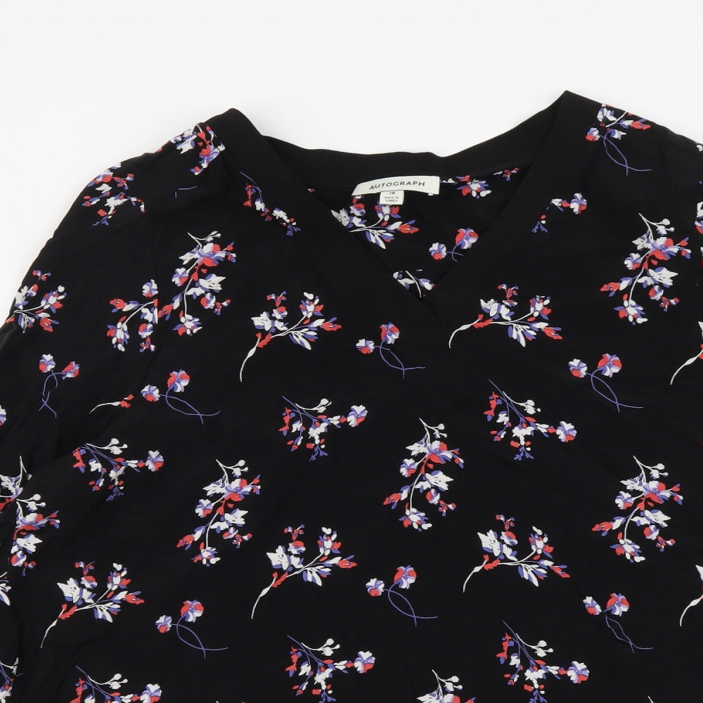 Autograph Womens Black Floral Cupro Basic Blouse Size 18 V-Neck