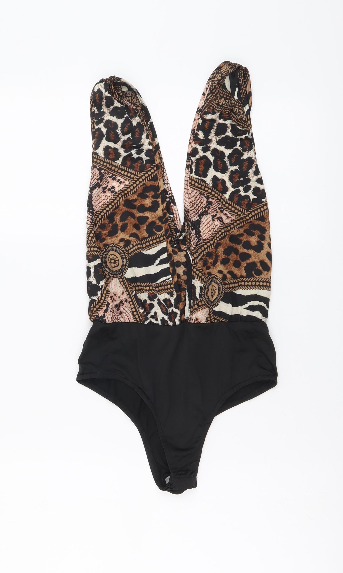 Boohoo Womens Black Geometric Polyester Bodysuit One-Piece Size 6 Snap
