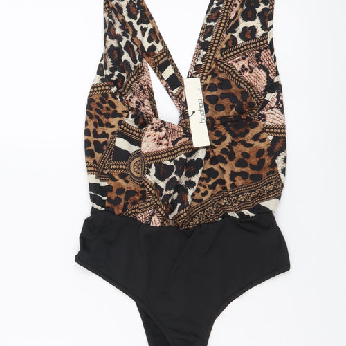 Boohoo Womens Black Geometric Polyester Bodysuit One-Piece Size 6 Snap