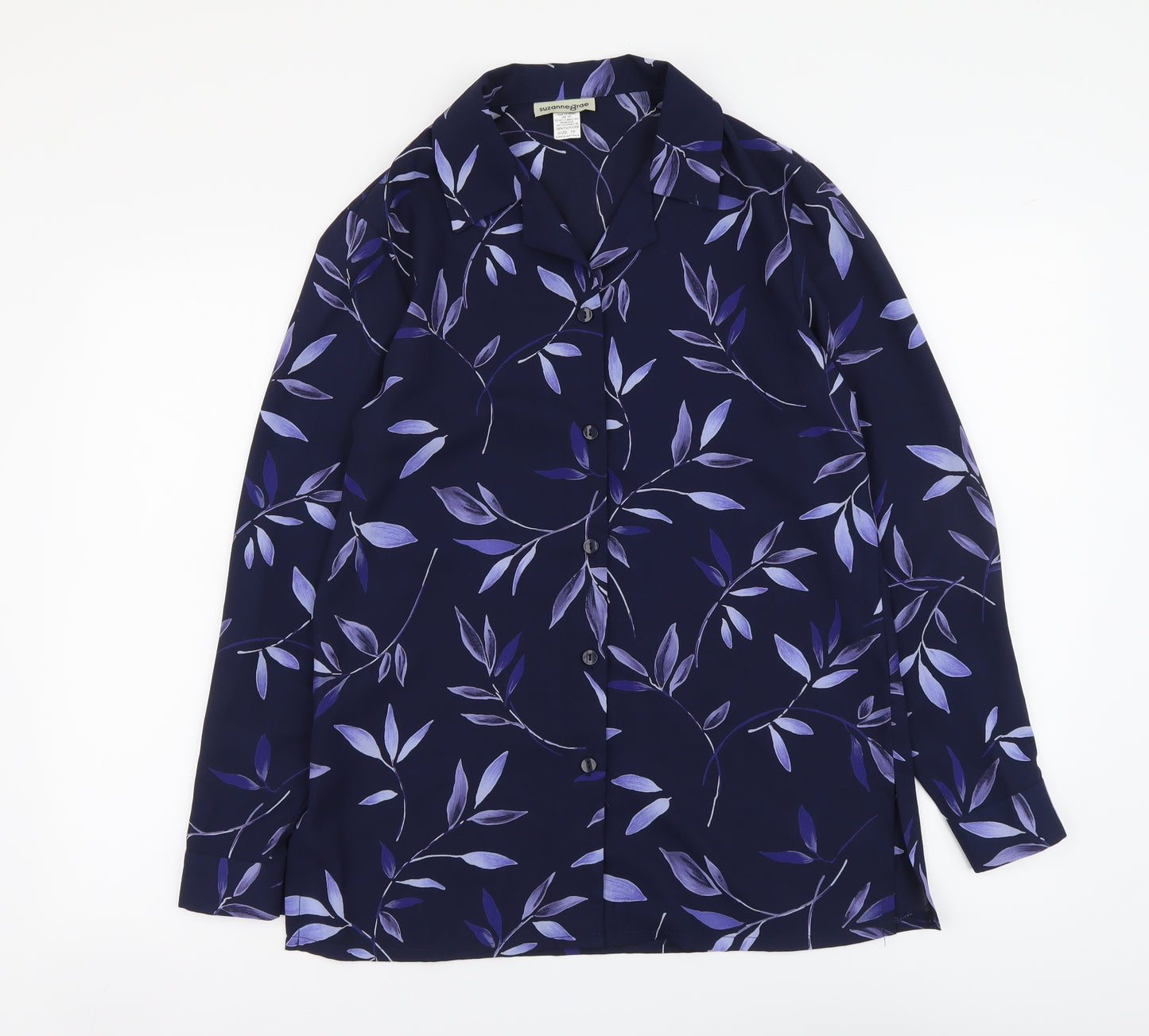 Suzanne Grae Womens Blue Floral Polyester Basic Button-Up Size 10 Collared