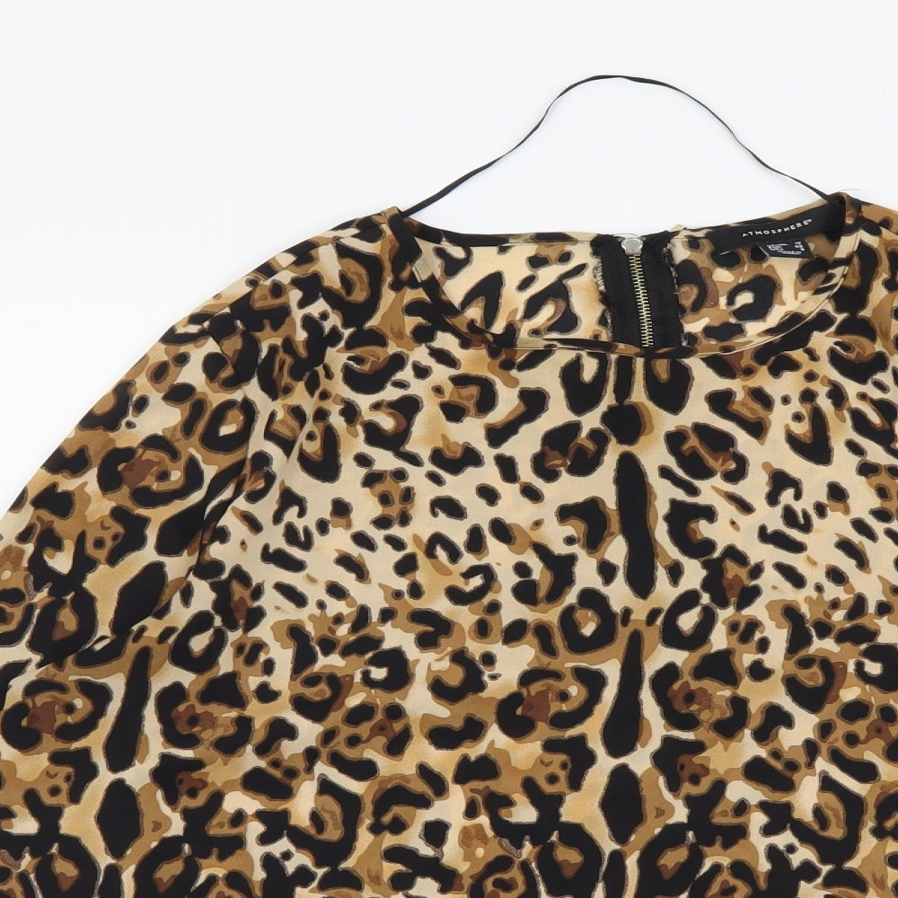 Atmosphere Womens Brown Animal Print Polyester Basic Blouse Size 12 Round Neck - Leopard pattern