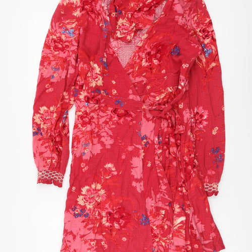 Red Herring Womens Red Floral Viscose Wrap Dress Size 10 V-Neck Tie