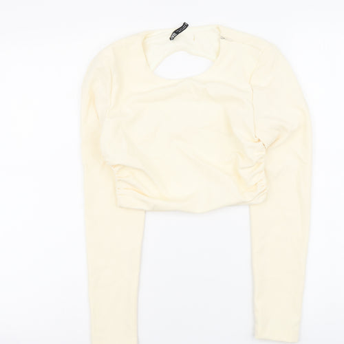 Zara Womens Ivory Polyester Cropped Blouse Size S Round Neck - Cut Out